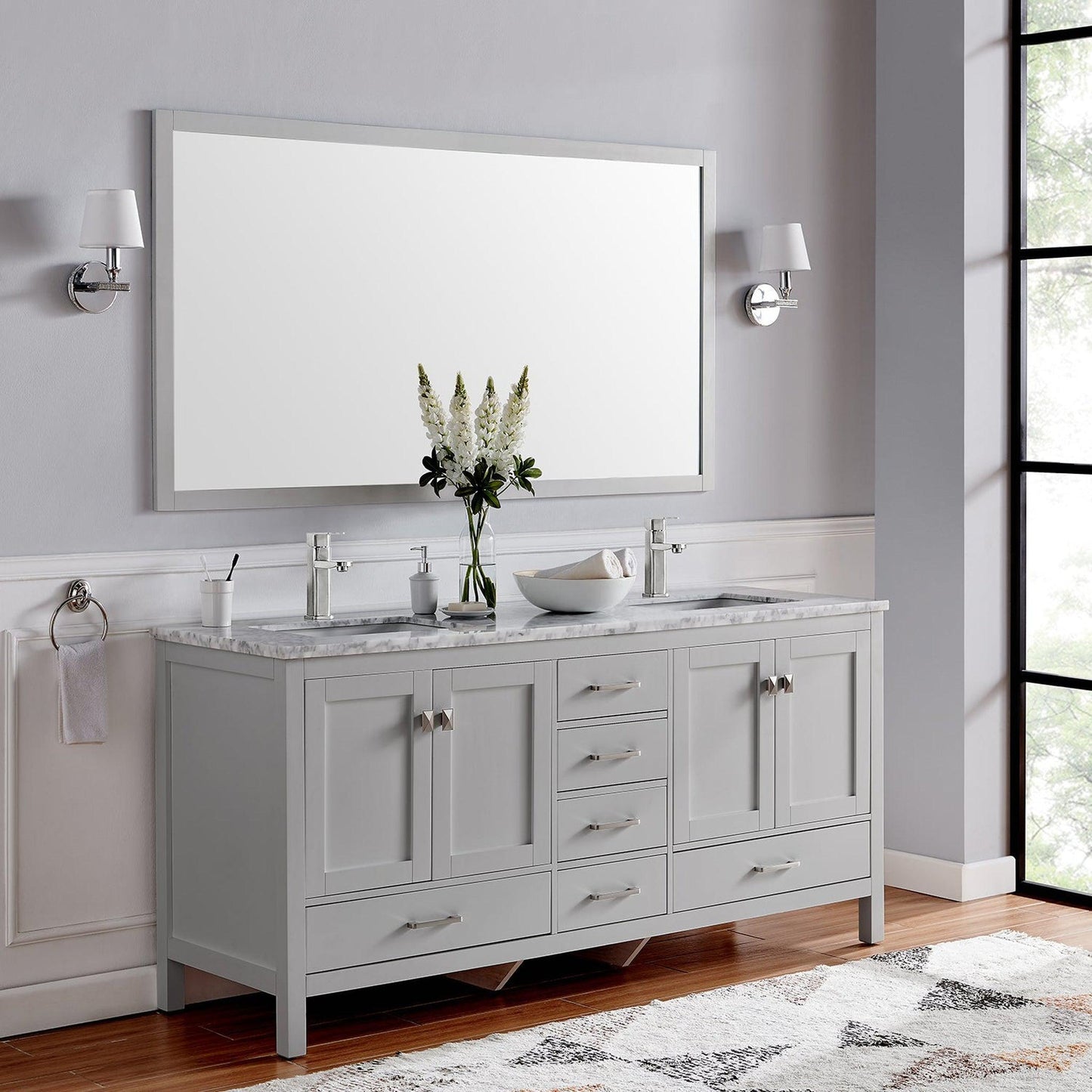 Eviva London 60" x 34" Gray Freestanding Bathroom Vanity With Carrara Marble Countertop and Double Undermount Sink