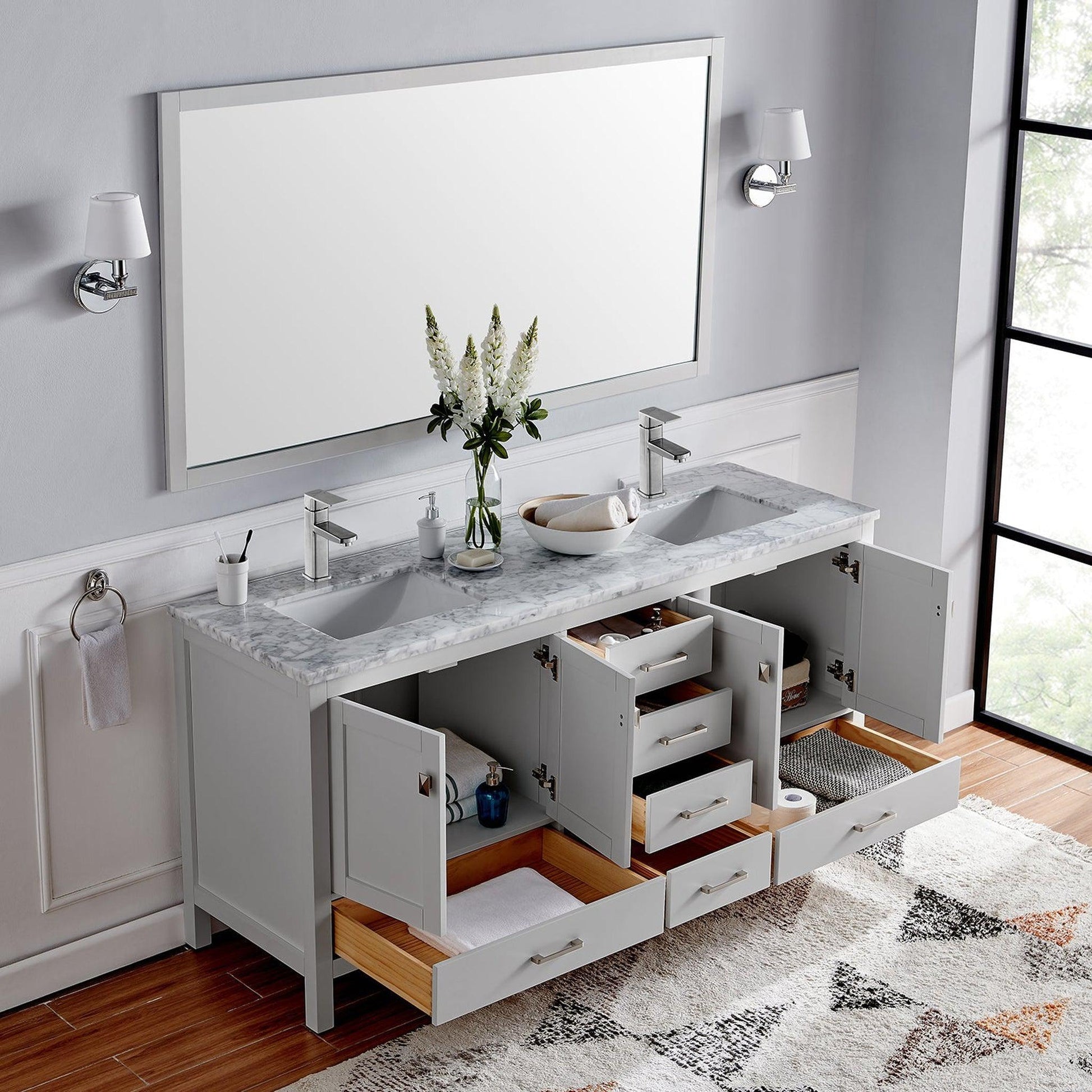 Eviva London 60" x 34" Gray Freestanding Bathroom Vanity With Carrara Marble Countertop and Double Undermount Sink