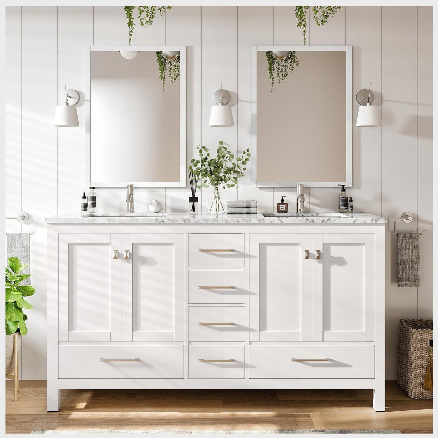 Eviva London 60" x 34" White Freestanding Bathroom Vanity With Carrara Marble Countertop and Double Undermount Sink