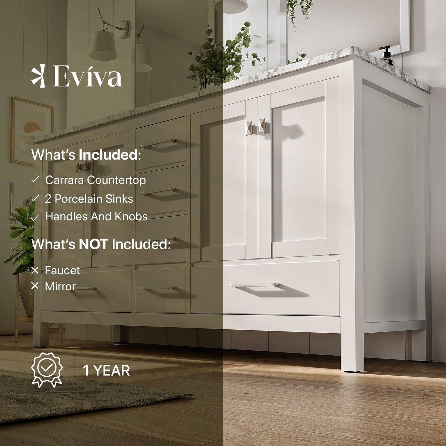 Eviva London 60" x 34" White Freestanding Bathroom Vanity With Carrara Marble Countertop and Double Undermount Sink