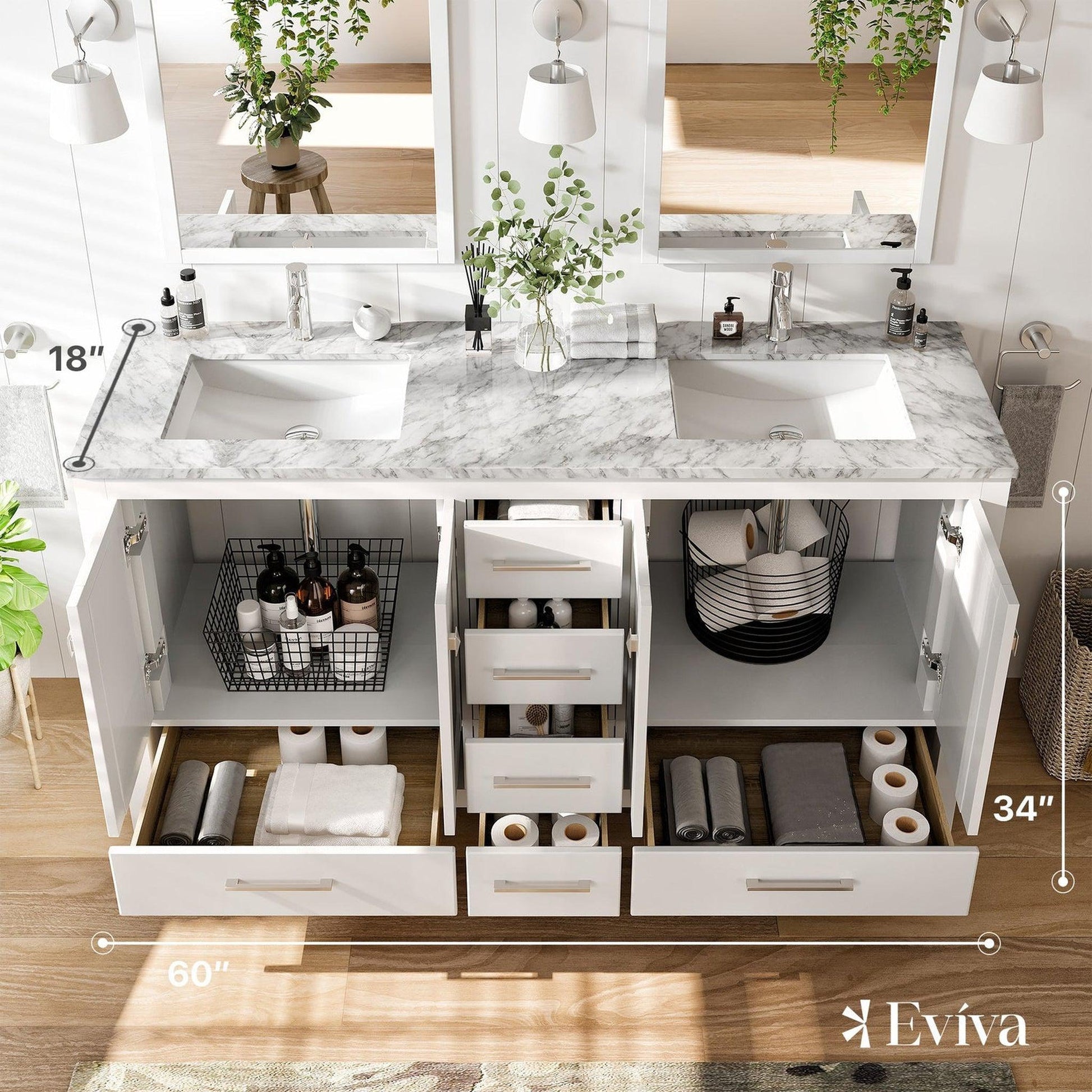 Eviva London 60" x 34" White Freestanding Bathroom Vanity With Carrara Marble Countertop and Double Undermount Sink