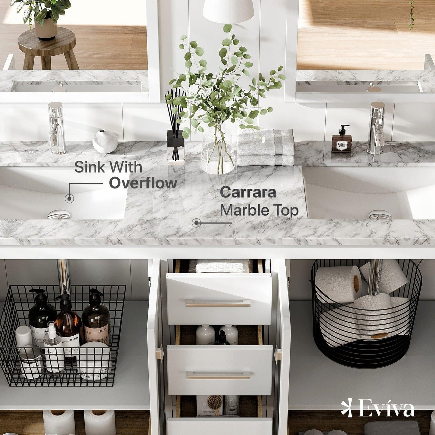 Eviva London 60" x 34" White Freestanding Bathroom Vanity With Carrara Marble Countertop and Double Undermount Sink