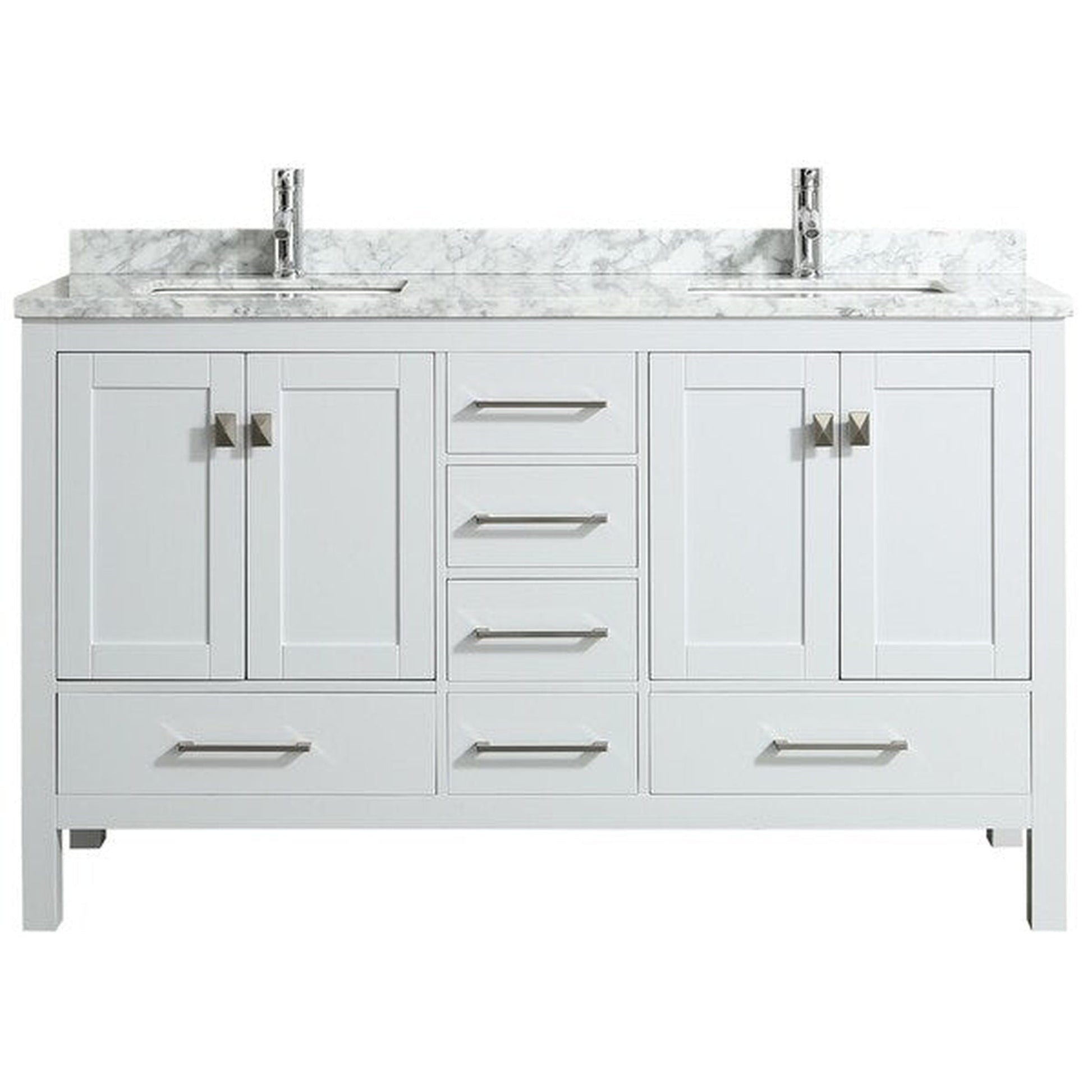 Eviva London 60" x 34" White Freestanding Bathroom Vanity With Carrara Marble Countertop and Double Undermount Sink