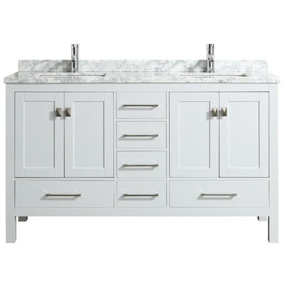 Eviva London 60" x 34" White Freestanding Bathroom Vanity With Carrara Marble Countertop and Double Undermount Sink