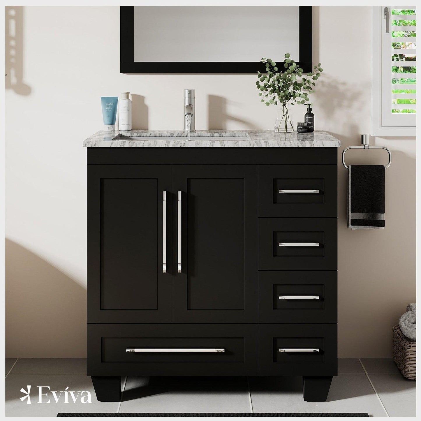 Eviva Loon 30" x 34" Espresso Freestanding Bathroom Vanity With Carrara Marble Countertop and Undermount Porcelain Sink