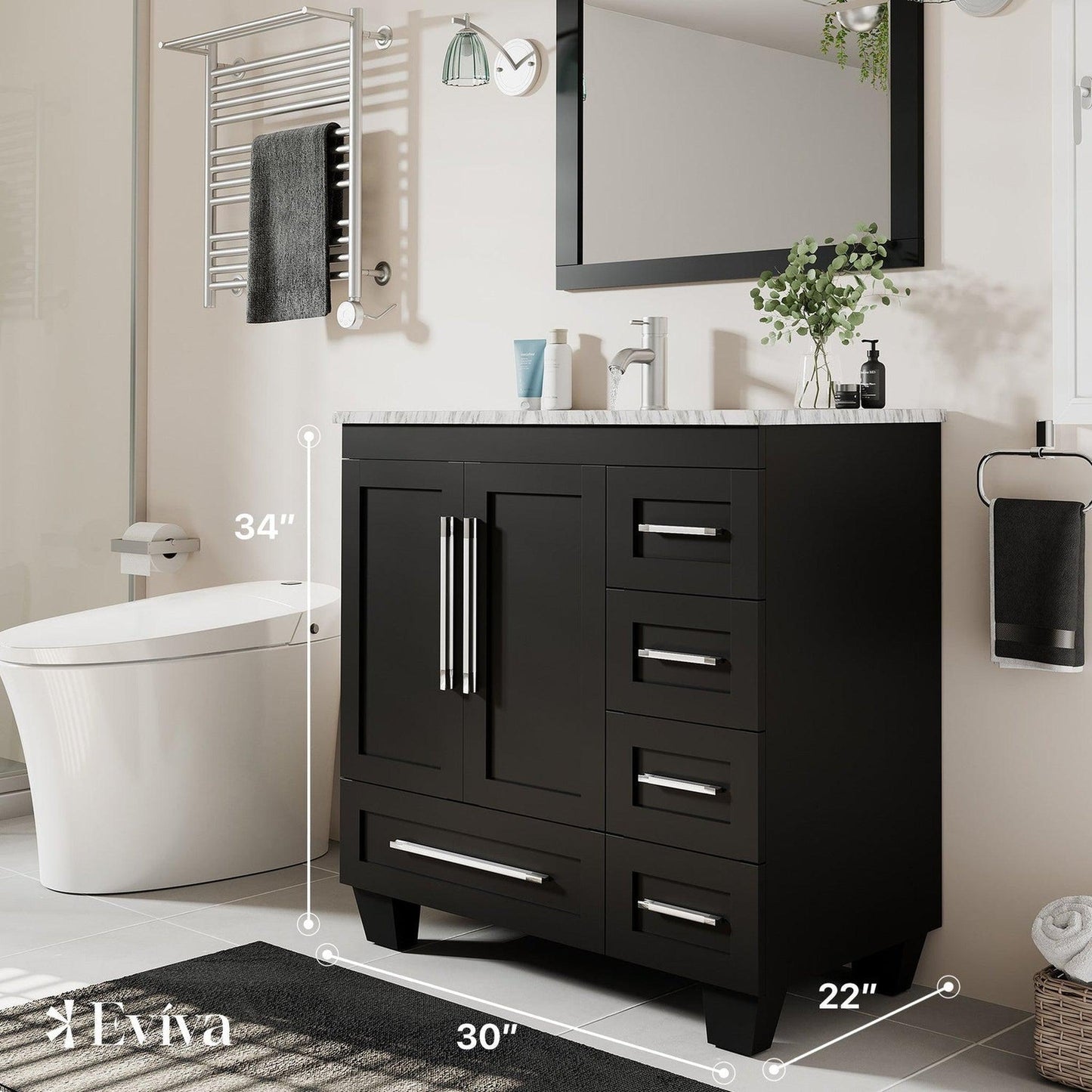 Eviva Loon 30" x 34" Espresso Freestanding Bathroom Vanity With Carrara Marble Countertop and Undermount Porcelain Sink