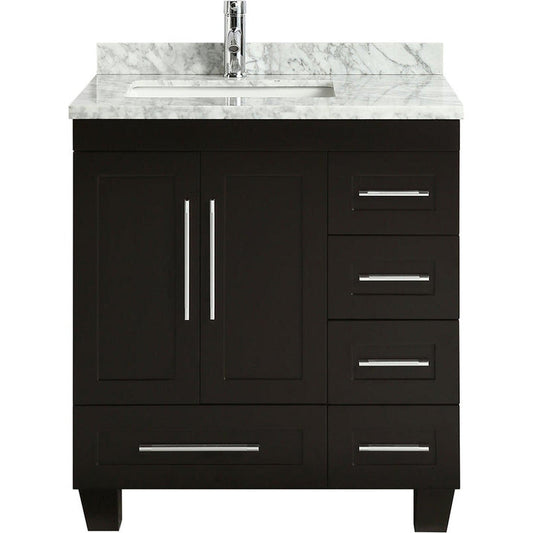 Eviva Loon 30" x 34" Espresso Freestanding Bathroom Vanity With Carrara Marble Countertop and Undermount Porcelain Sink