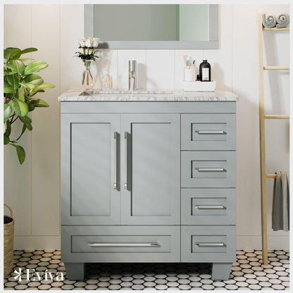 Eviva Loon 30" x 34" Gray Freestanding Bathroom Vanity With Carrara Marble Countertop and Undermount Porcelain Sink