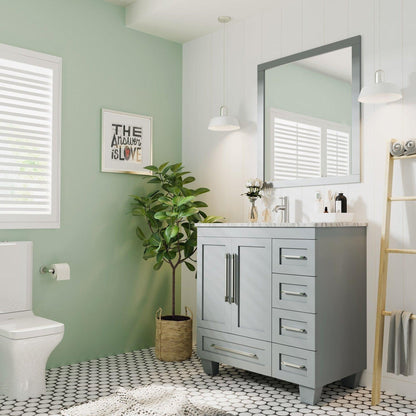 Eviva Loon 30" x 34" Gray Freestanding Bathroom Vanity With Carrara Marble Countertop and Undermount Porcelain Sink