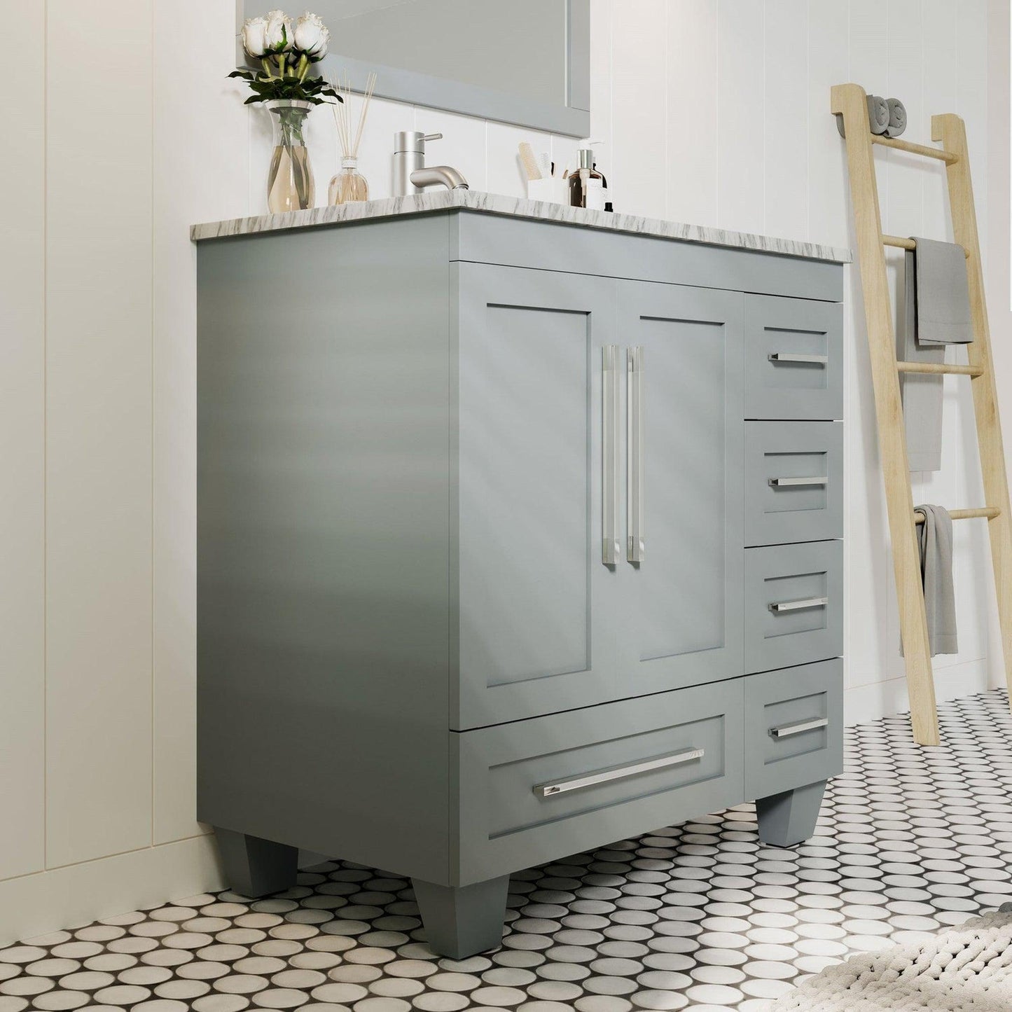 Eviva Loon 30" x 34" Gray Freestanding Bathroom Vanity With Carrara Marble Countertop and Undermount Porcelain Sink