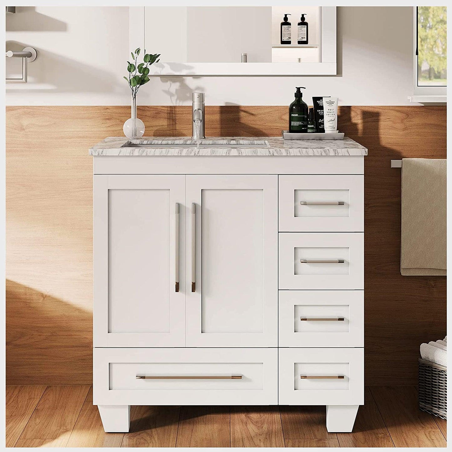 Eviva Loon 30" x 34" White Freestanding Bathroom Vanity With Carrara Marble Countertop and Undermount Porcelain Sink