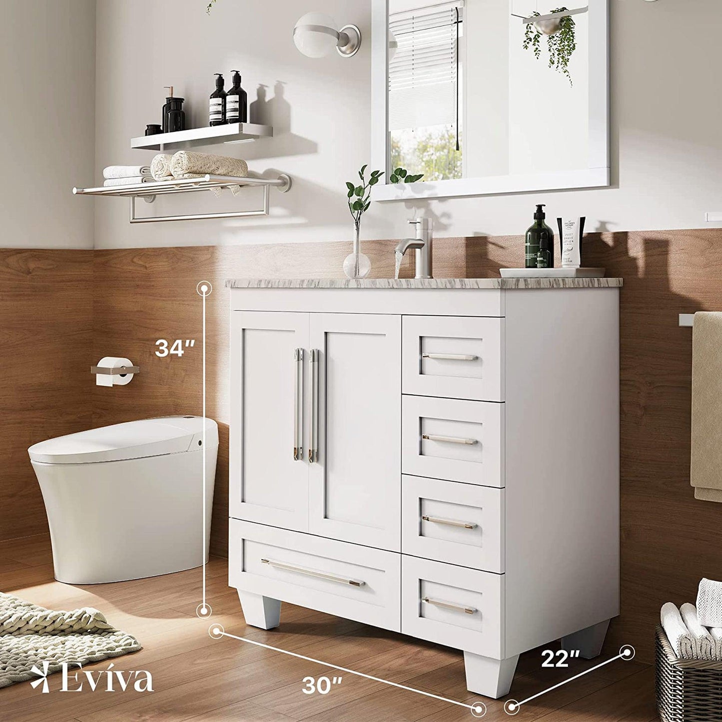 Eviva Loon 30" x 34" White Freestanding Bathroom Vanity With Carrara Marble Countertop and Undermount Porcelain Sink