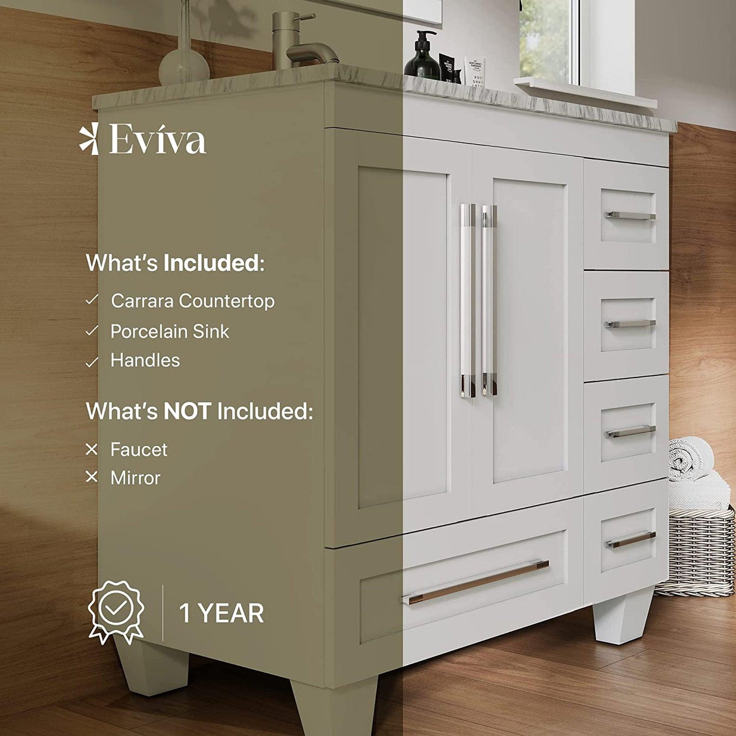 Eviva Loon 30" x 34" White Freestanding Bathroom Vanity With Carrara Marble Countertop and Undermount Porcelain Sink