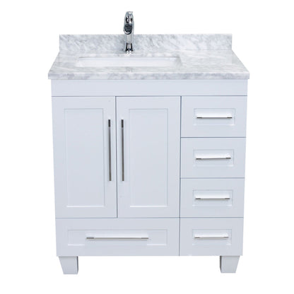 Eviva Loon 30" x 34" White Freestanding Bathroom Vanity With Carrara Marble Countertop and Undermount Porcelain Sink