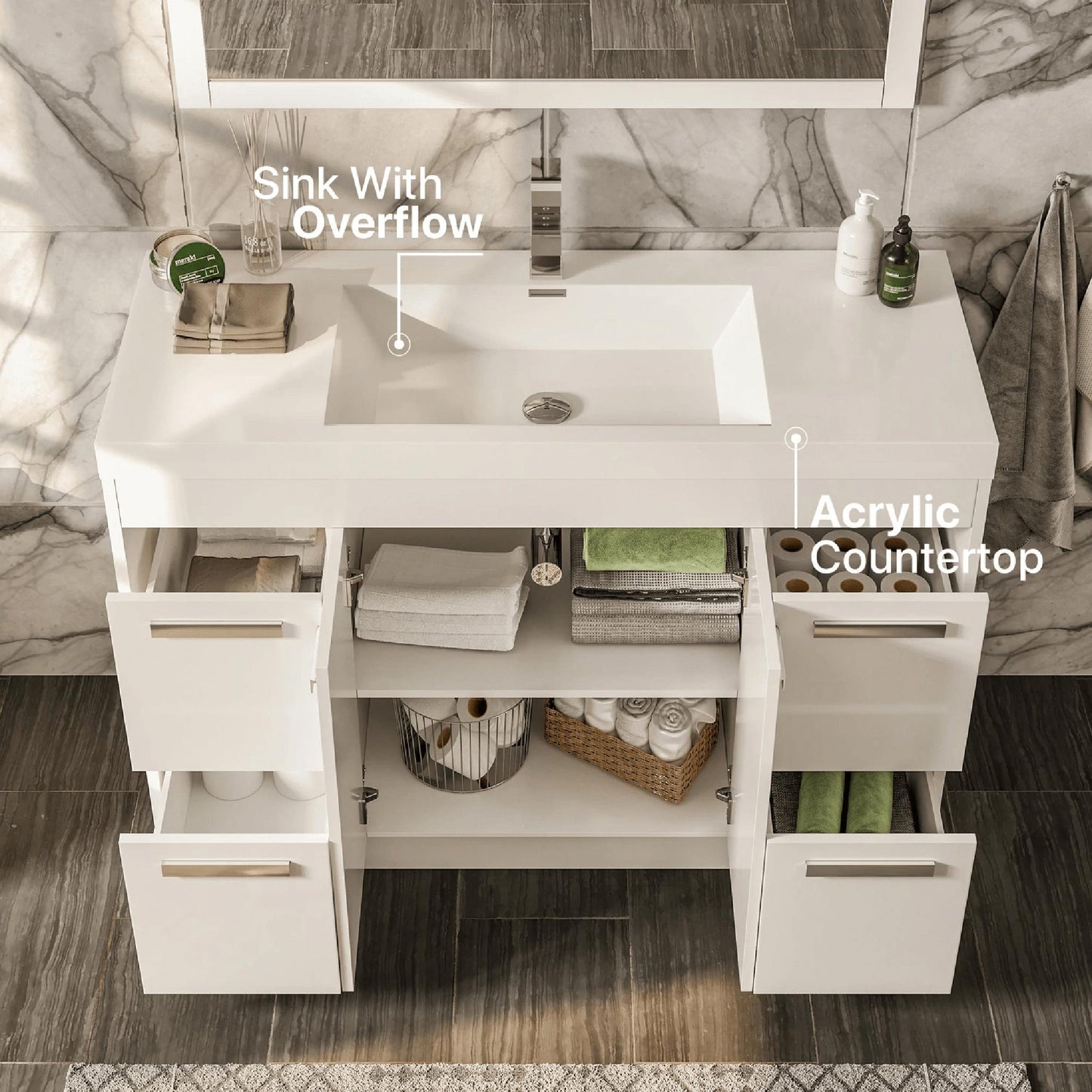 Eviva Lugano 42” x 35.5” White Bathroom Vanity With White Single Integrated Acrylic Top