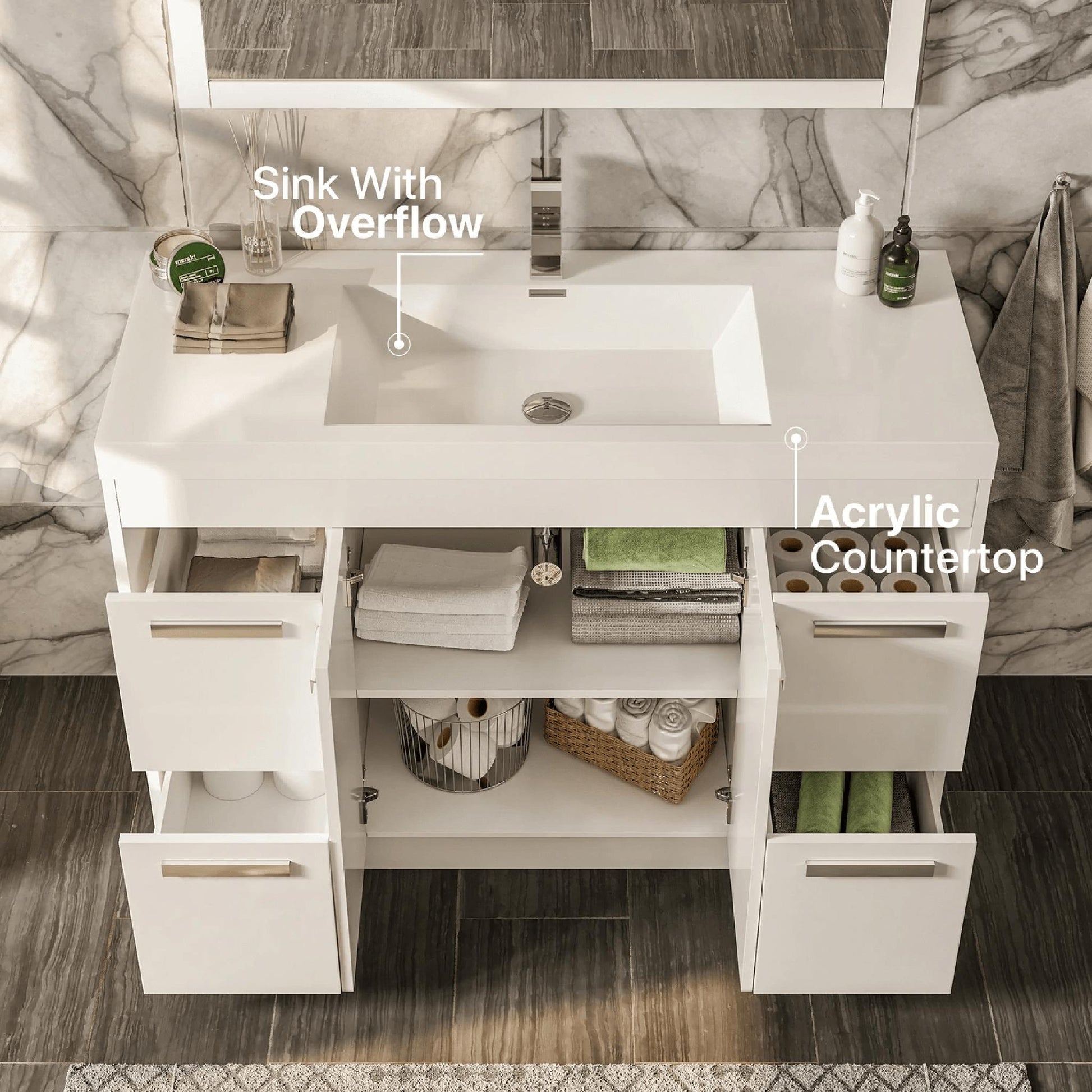 Eviva Lugano 42” x 35.5” White Bathroom Vanity With White Single Integrated Acrylic Top