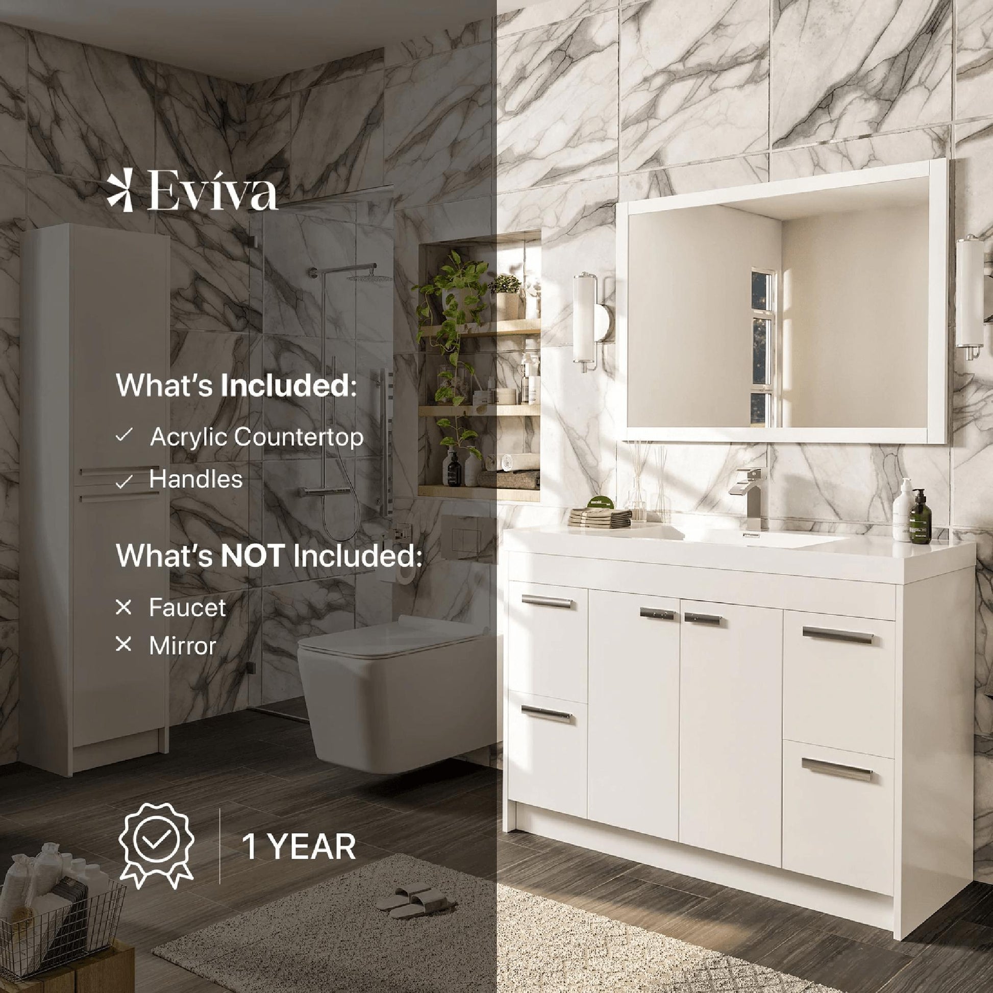 Eviva Lugano 42” x 35.5” White Bathroom Vanity With White Single Integrated Acrylic Top