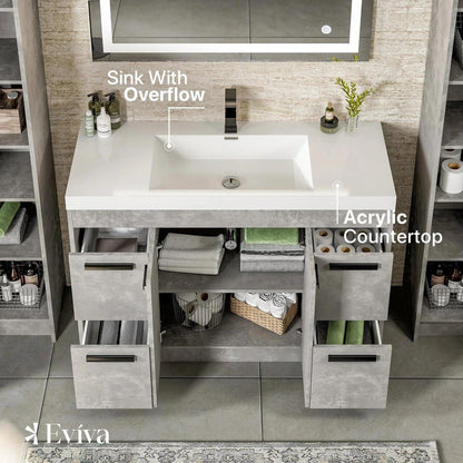 Eviva Lugano 42" x 36" Cement Gray Bathroom Vanity With White Acrylic Top & Single Integrated Sink