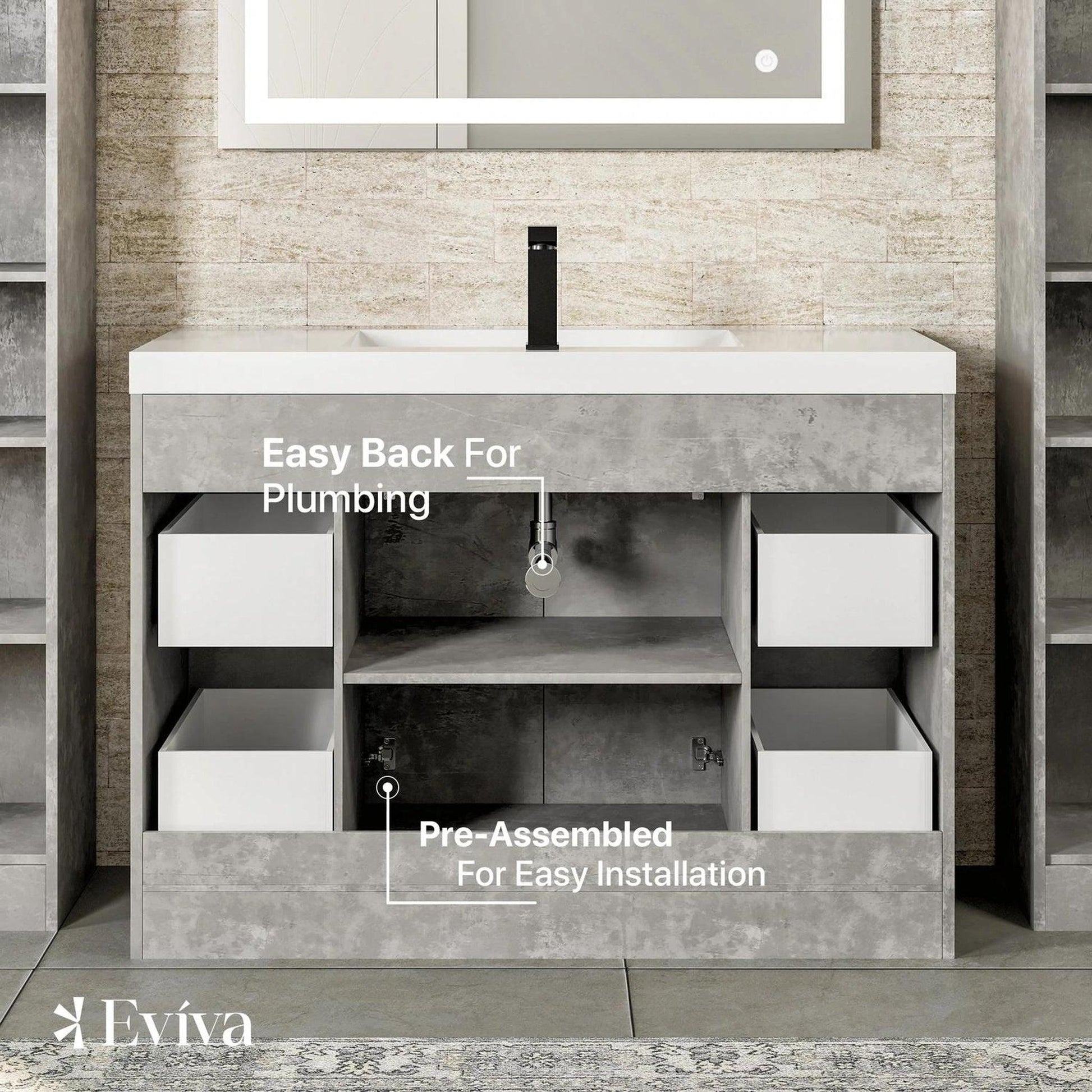 Eviva Lugano 42" x 36" Cement Gray Bathroom Vanity With White Acrylic Top & Single Integrated Sink