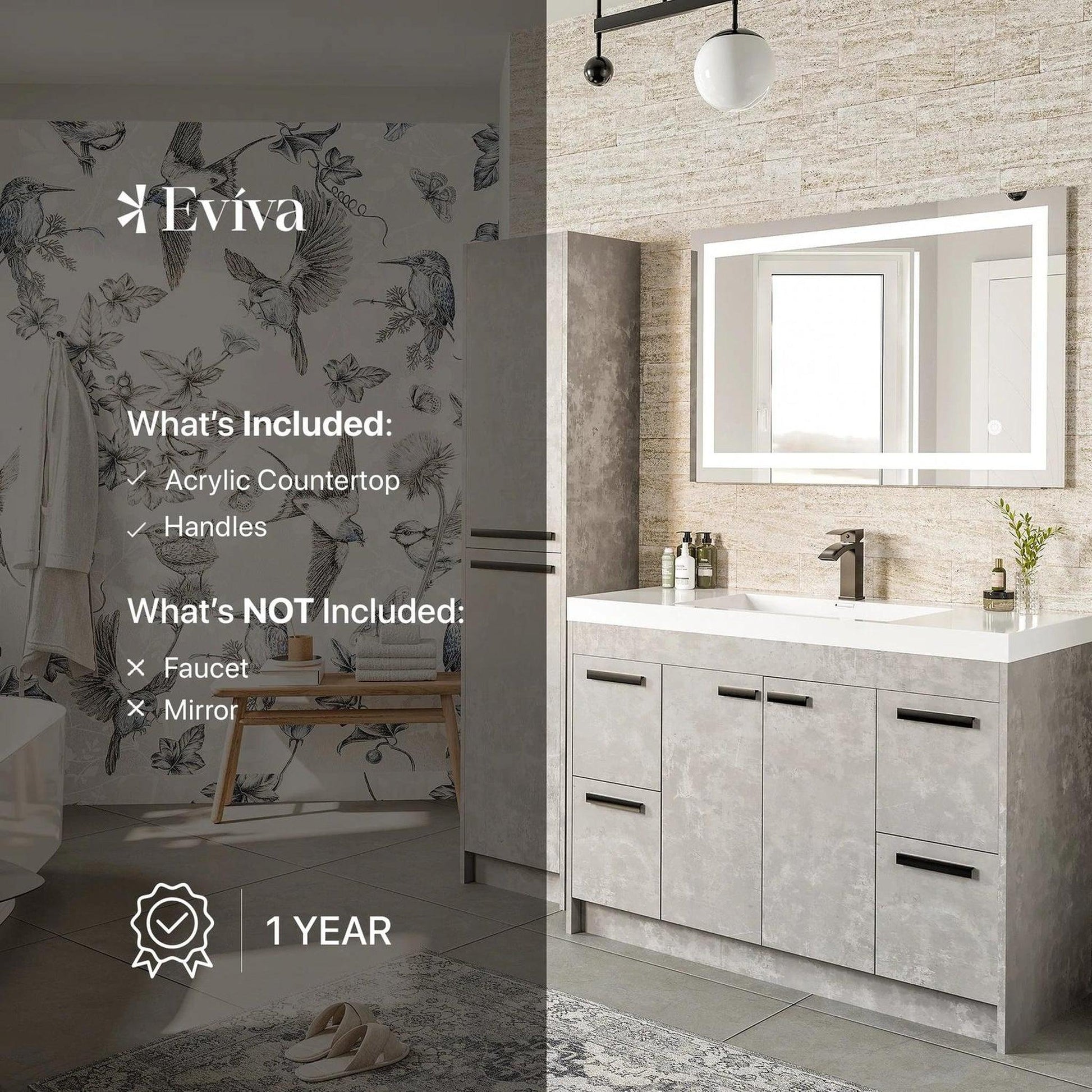 Eviva Lugano 42" x 36" Cement Gray Bathroom Vanity With White Acrylic Top & Single Integrated Sink