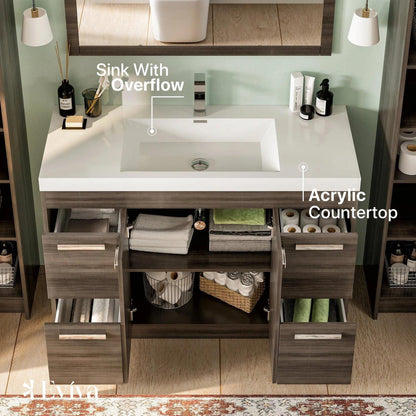 Eviva Lugano 42” x 36” Gray Oak Bathroom Vanity With White Single Integrated Acrylic Top