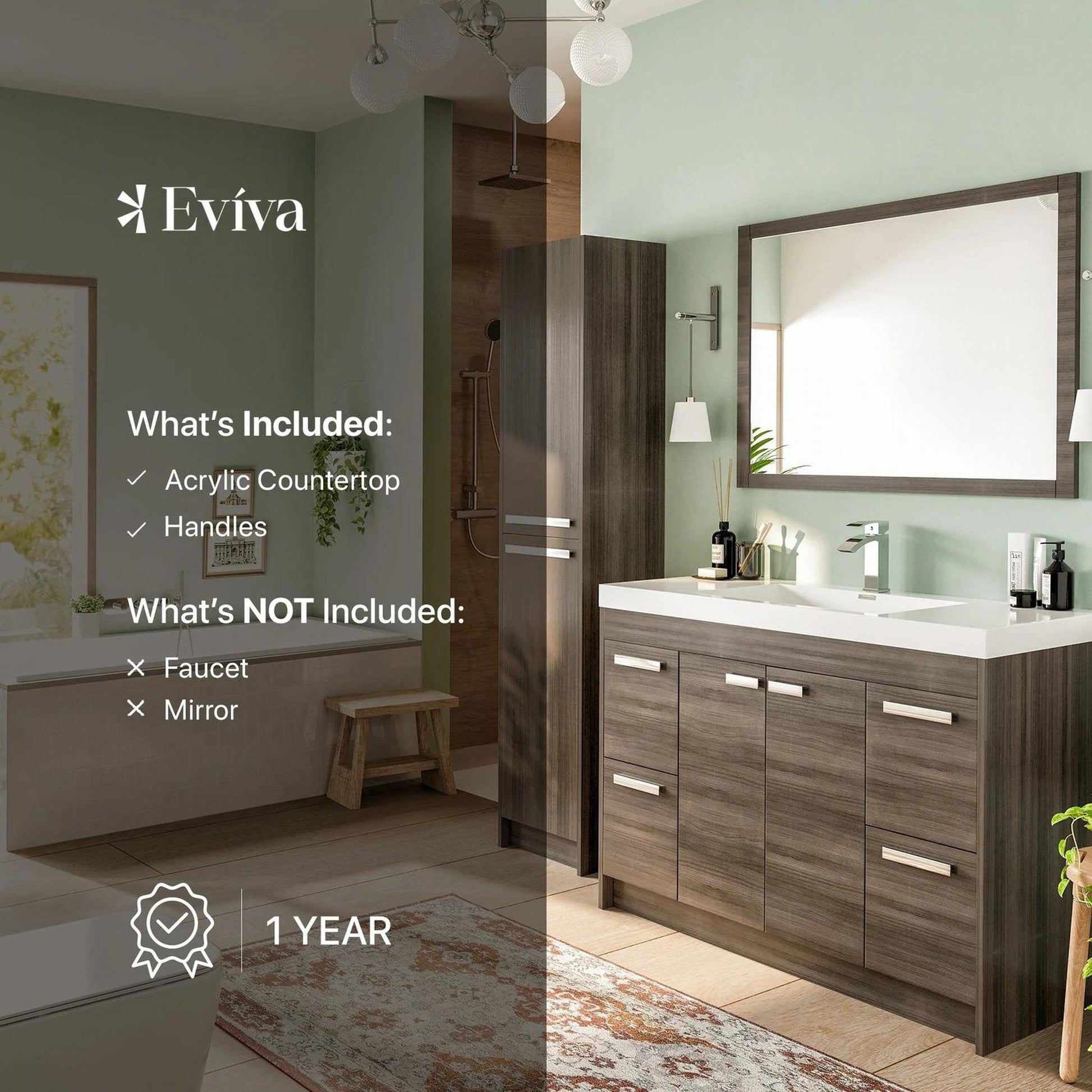 Eviva Lugano 42” x 36” Gray Oak Bathroom Vanity With White Single Integrated Acrylic Top