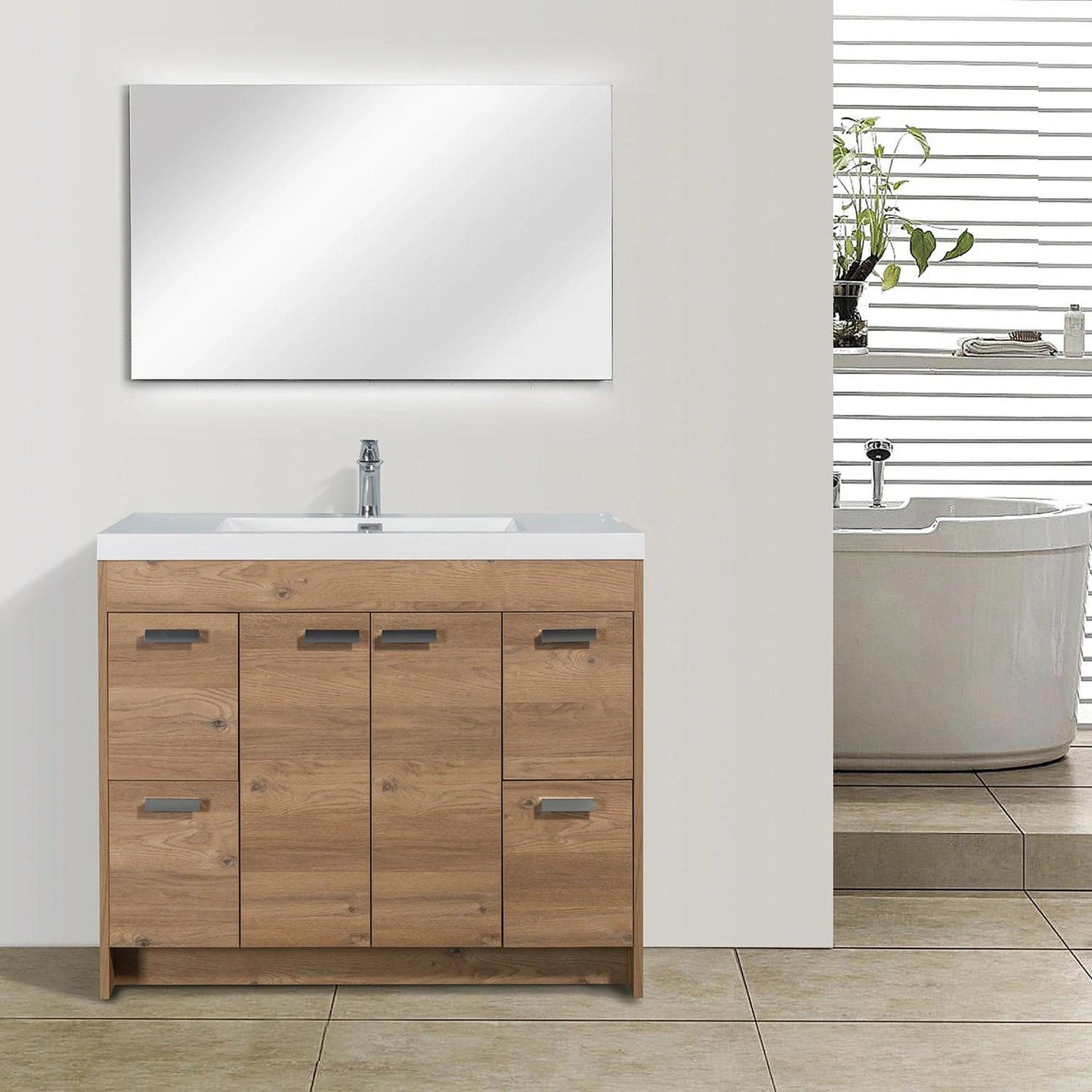 Eviva Lugano 42” x 36” Natural Oak Bathroom Vanity With White Single Integrated Acrylic Top