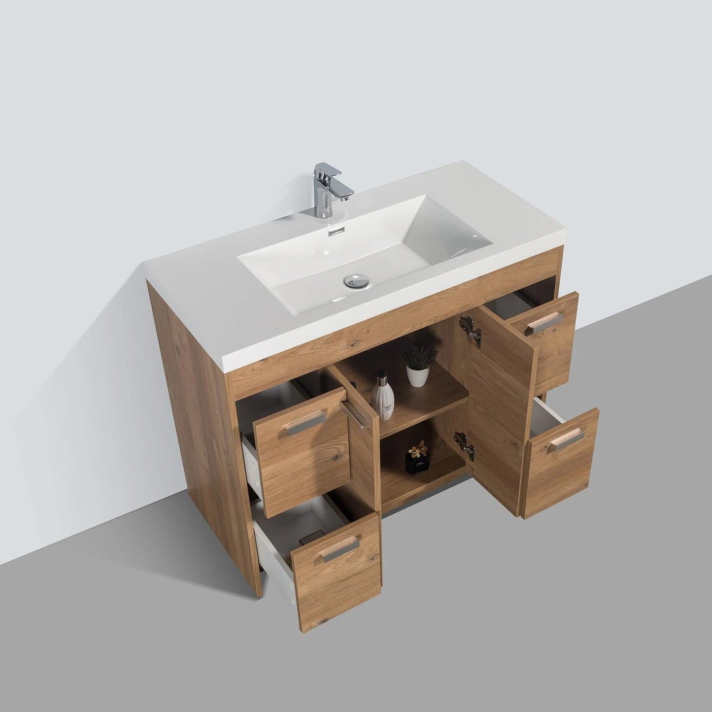 Eviva Lugano 42” x 36” Natural Oak Bathroom Vanity With White Single Integrated Acrylic Top
