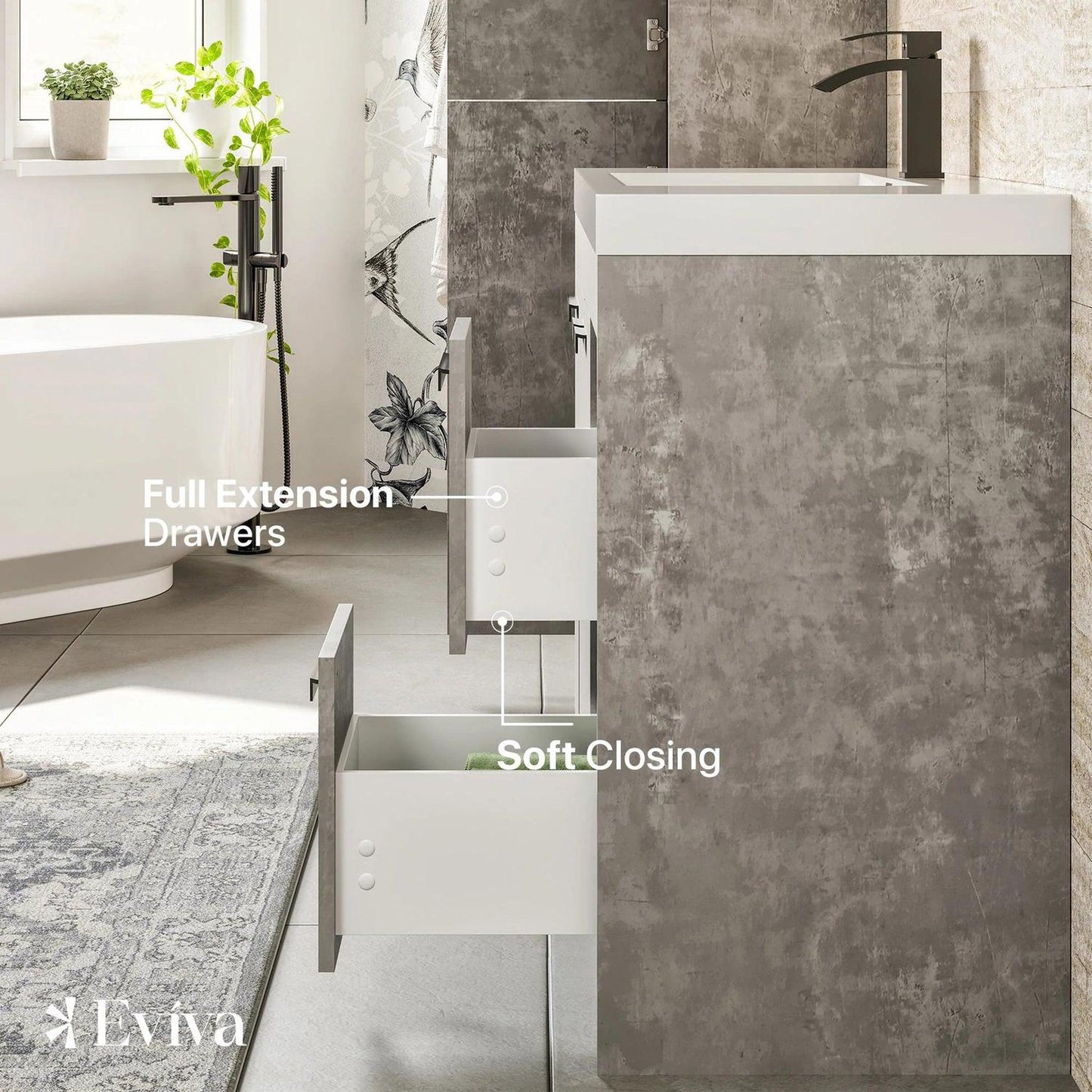 Eviva Lugano 48” x 36” Cement Gray Bathroom Vanity With White Single Integrated Acrylic Top