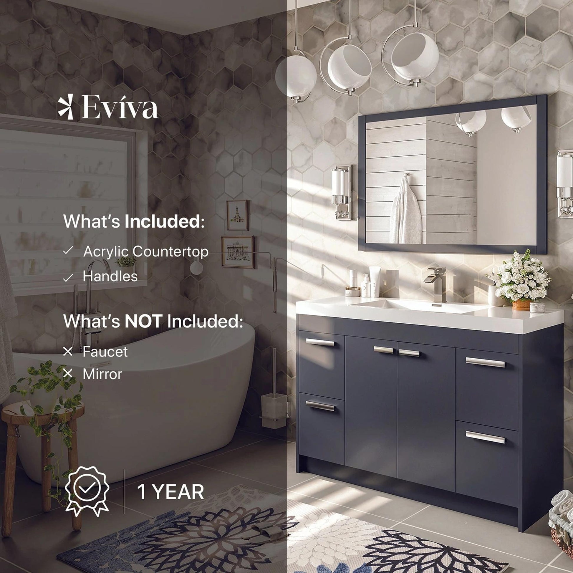 Eviva Lugano 48” x 36” Gray Bathroom Vanity With White Single Integrated Acrylic Top