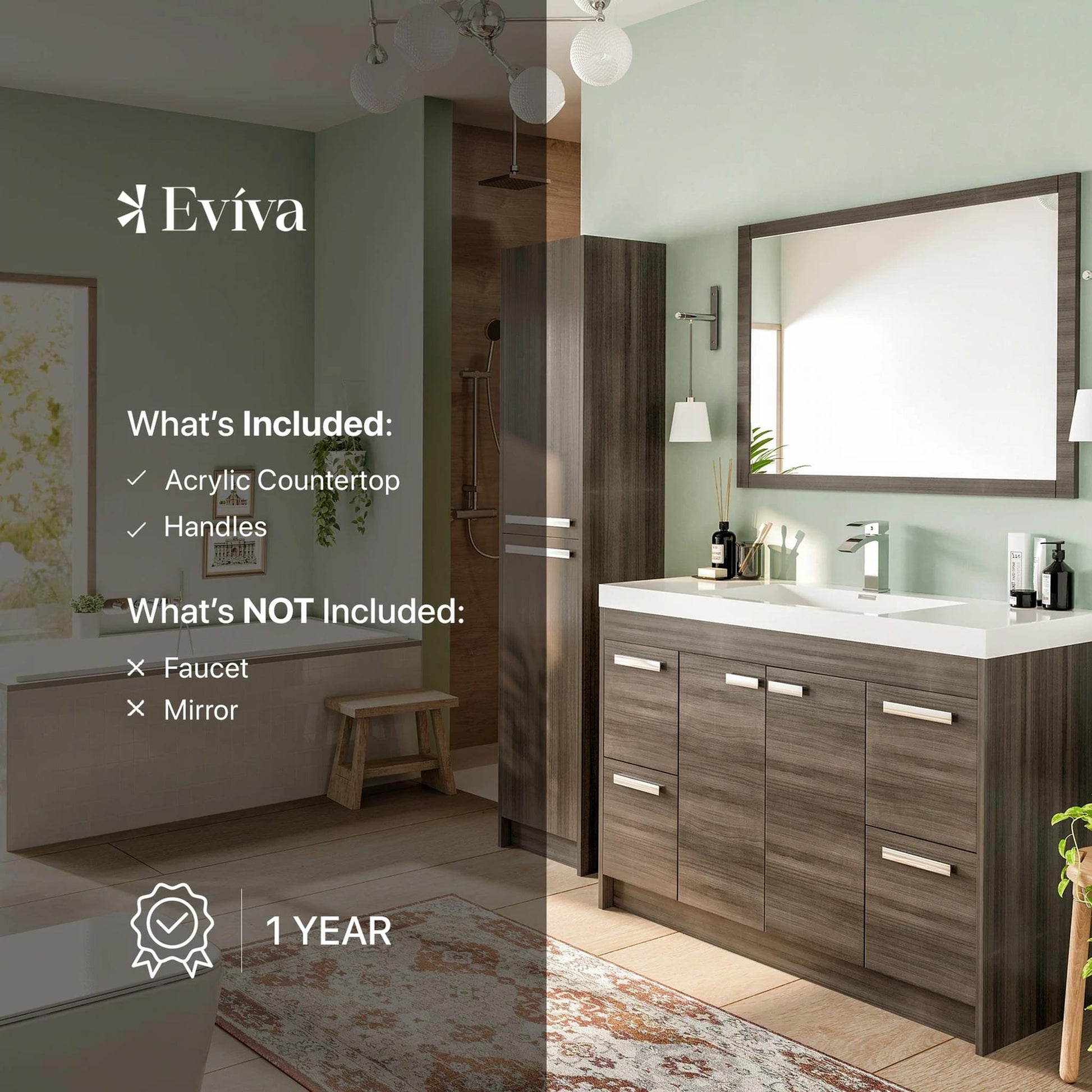 Eviva Lugano 48” x 36” Gray Oak Bathroom Vanity With White Single Integrated Acrylic Top