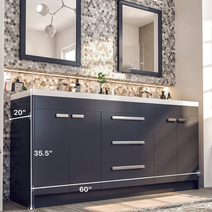 Eviva Lugano 60" x 36" Gray Bathroom Vanity With White Acrylic Top & Double Integrated Sink