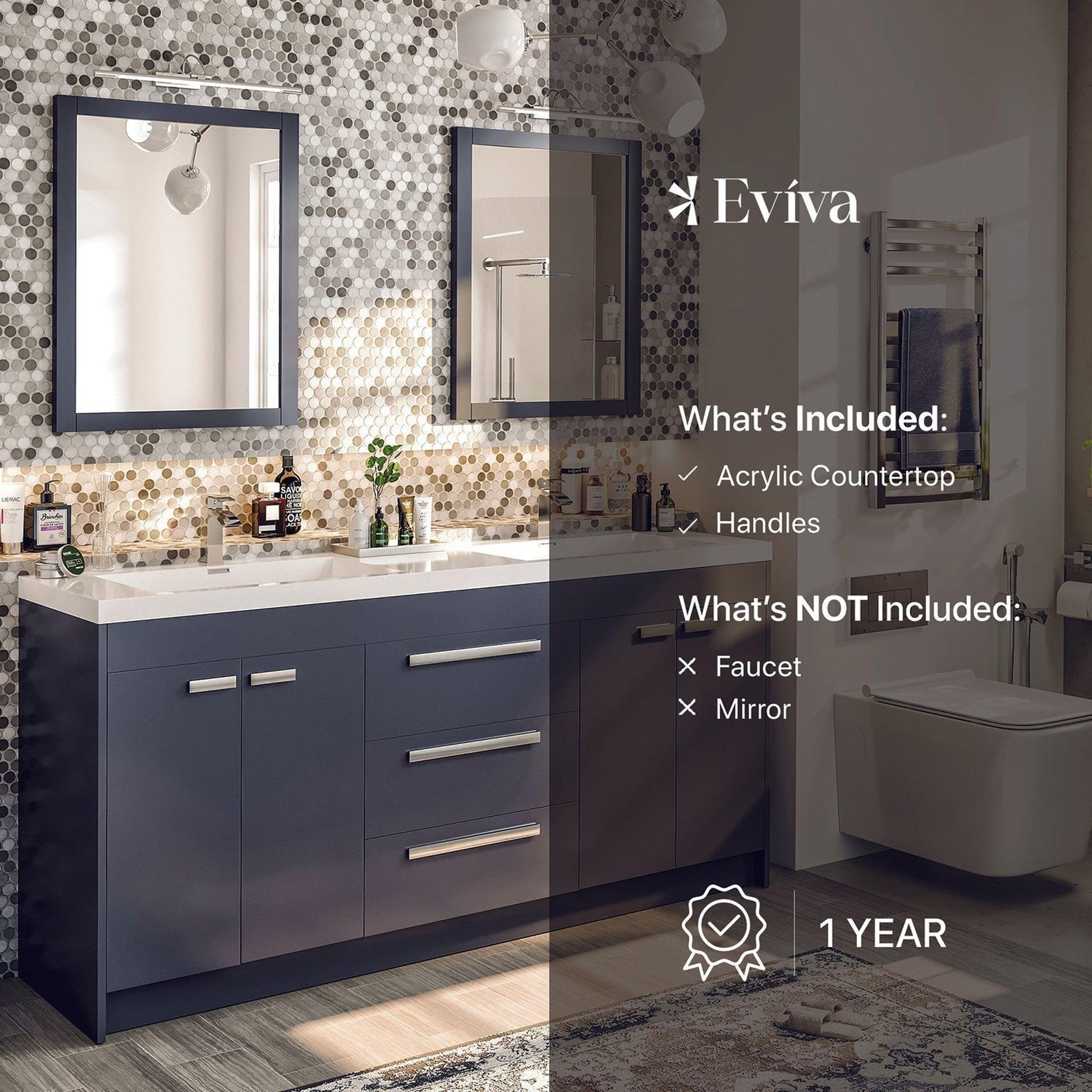 Eviva Lugano 60" x 36" Gray Bathroom Vanity With White Acrylic Top & Double Integrated Sink