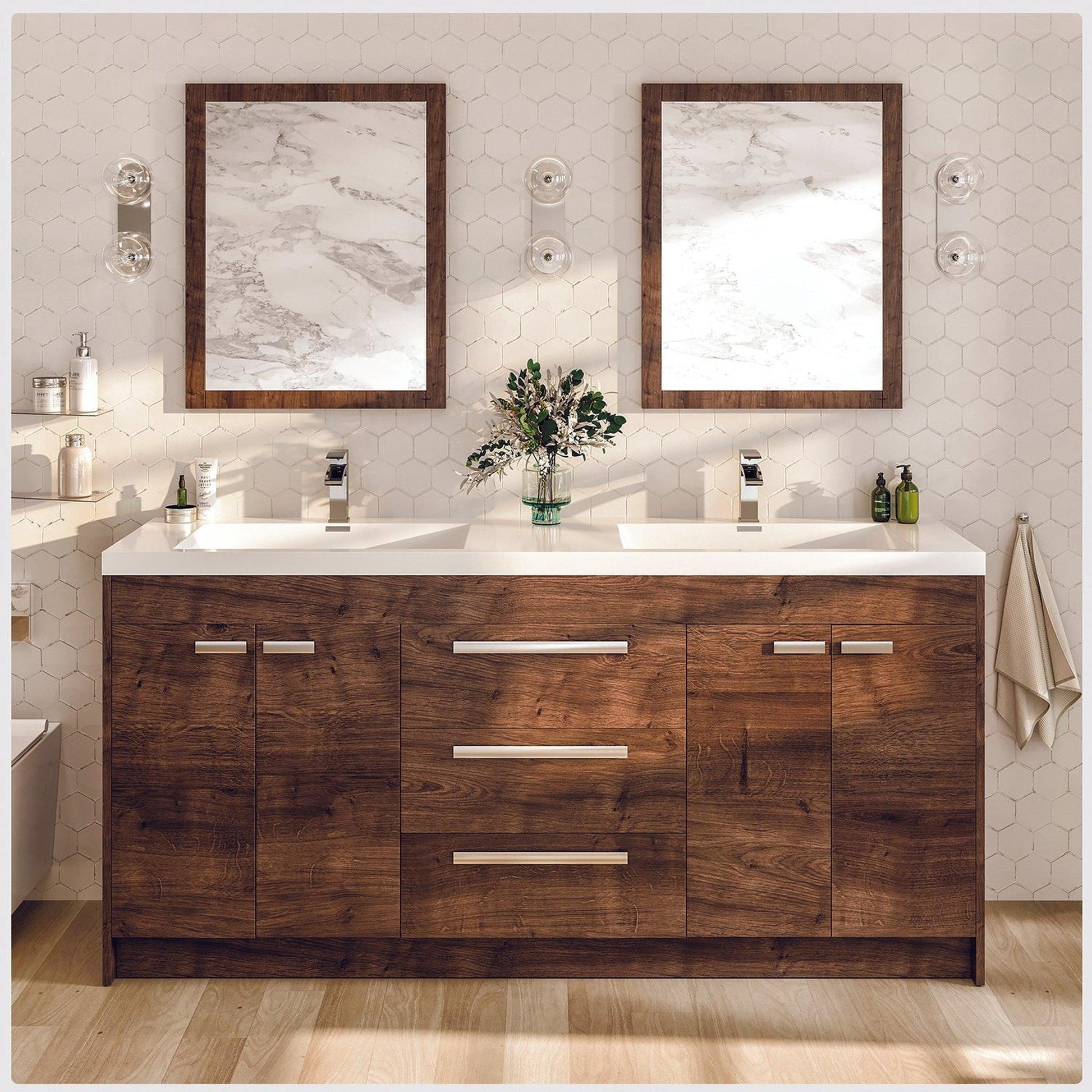 Eviva Lugano 60" x 36" Rosewood Bathroom Vanity With White Acrylic Top & Double Integrated Sink