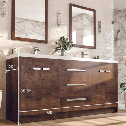 Eviva Lugano 60" x 36" Rosewood Bathroom Vanity With White Acrylic Top & Double Integrated Sink