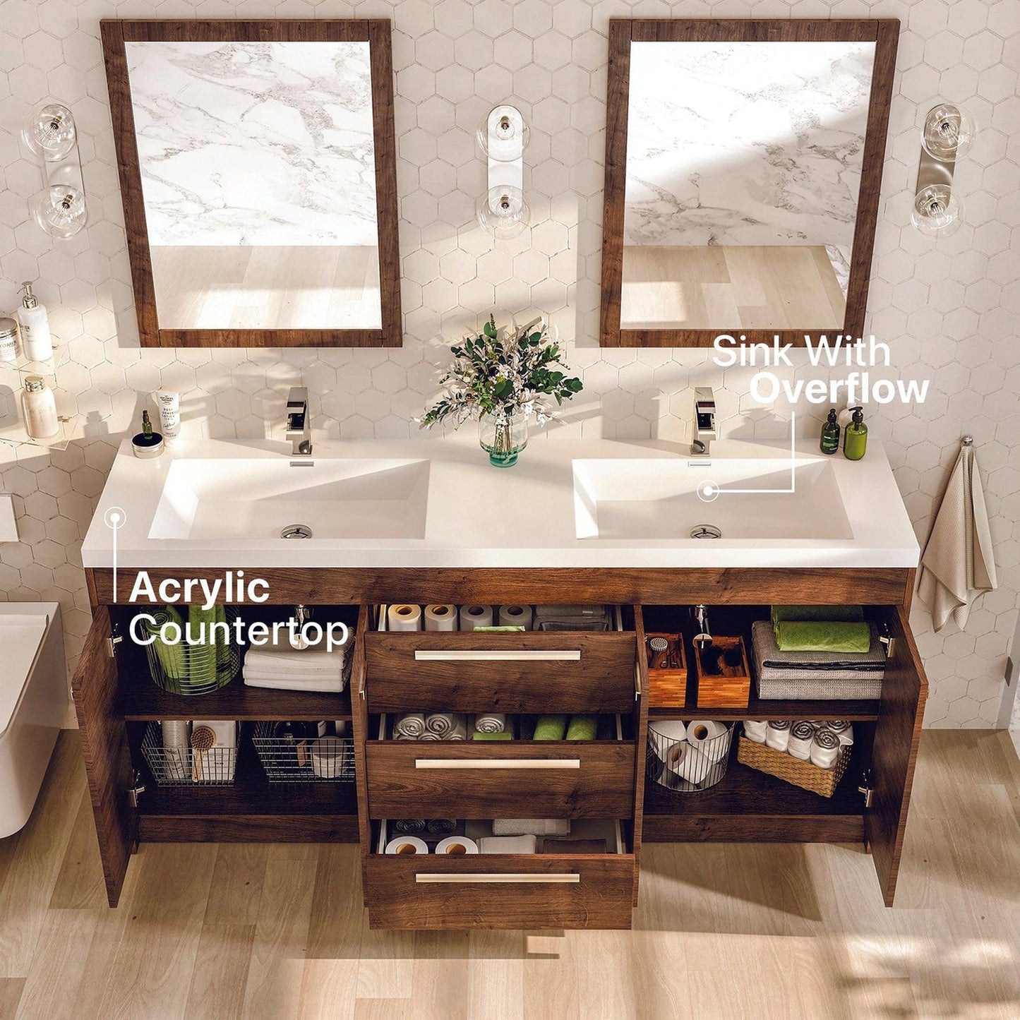 Eviva Lugano 60" x 36" Rosewood Bathroom Vanity With White Acrylic Top & Double Integrated Sink