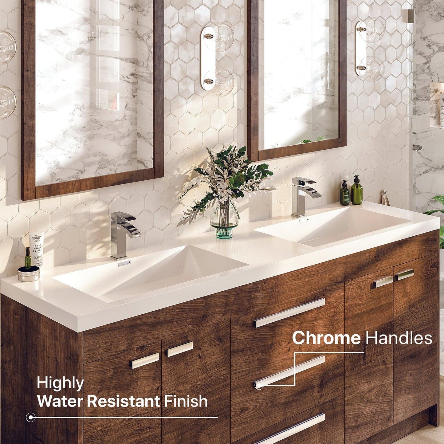 Eviva Lugano 60" x 36" Rosewood Bathroom Vanity With White Acrylic Top & Double Integrated Sink