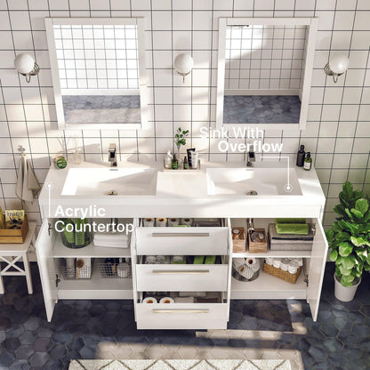 Eviva Lugano 60" x 36" White Bathroom Vanity With White Acrylic Top & Double Integrated Sink