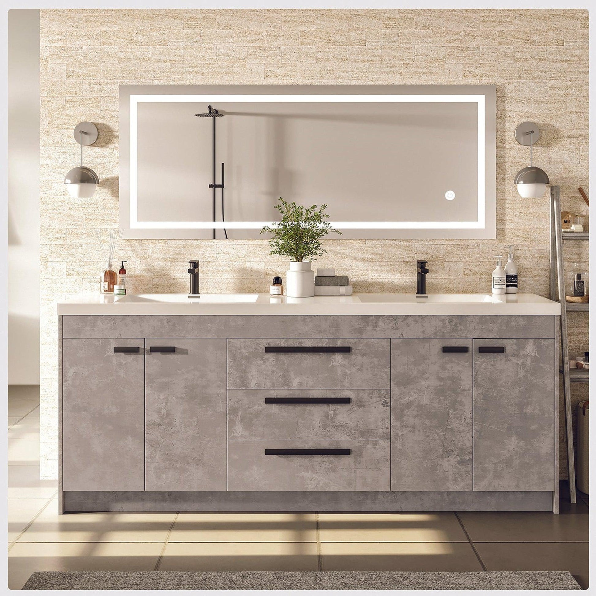 Eviva Lugano 72" x 36" Cement Gray Bathroom Vanity With White Acrylic Top & Double Integrated Sink