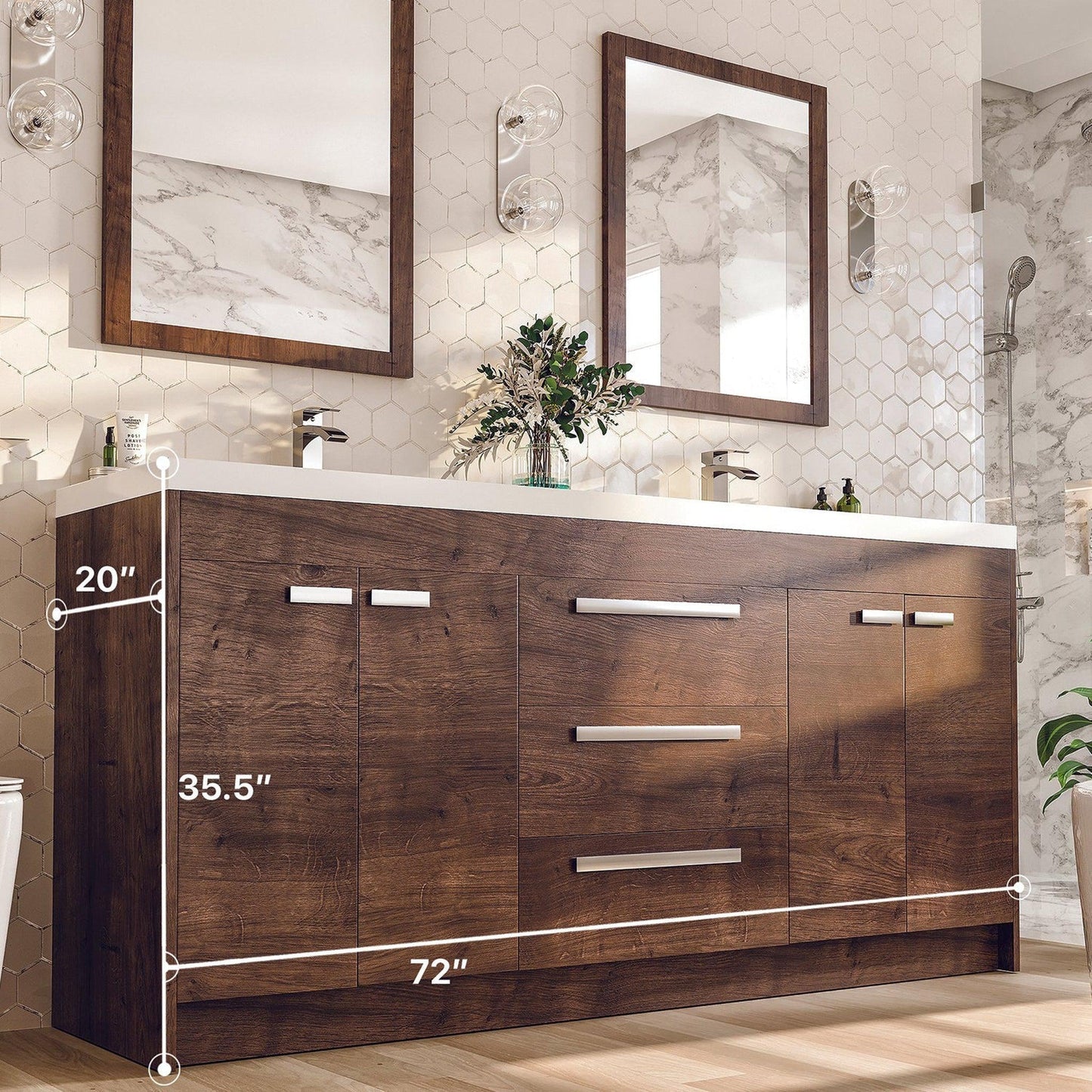 Eviva Lugano 72" x 36" Rosewood Bathroom Vanity With White Acrylic Top & Double Integrated Sink