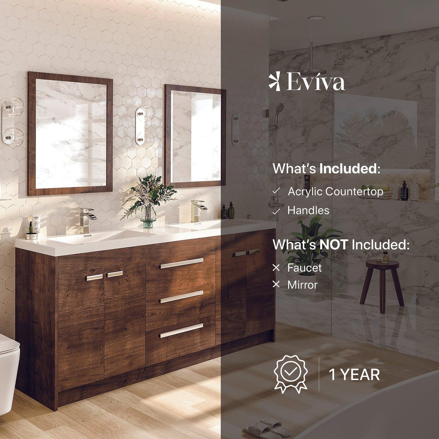 Eviva Lugano 72" x 36" Rosewood Bathroom Vanity With White Acrylic Top & Double Integrated Sink