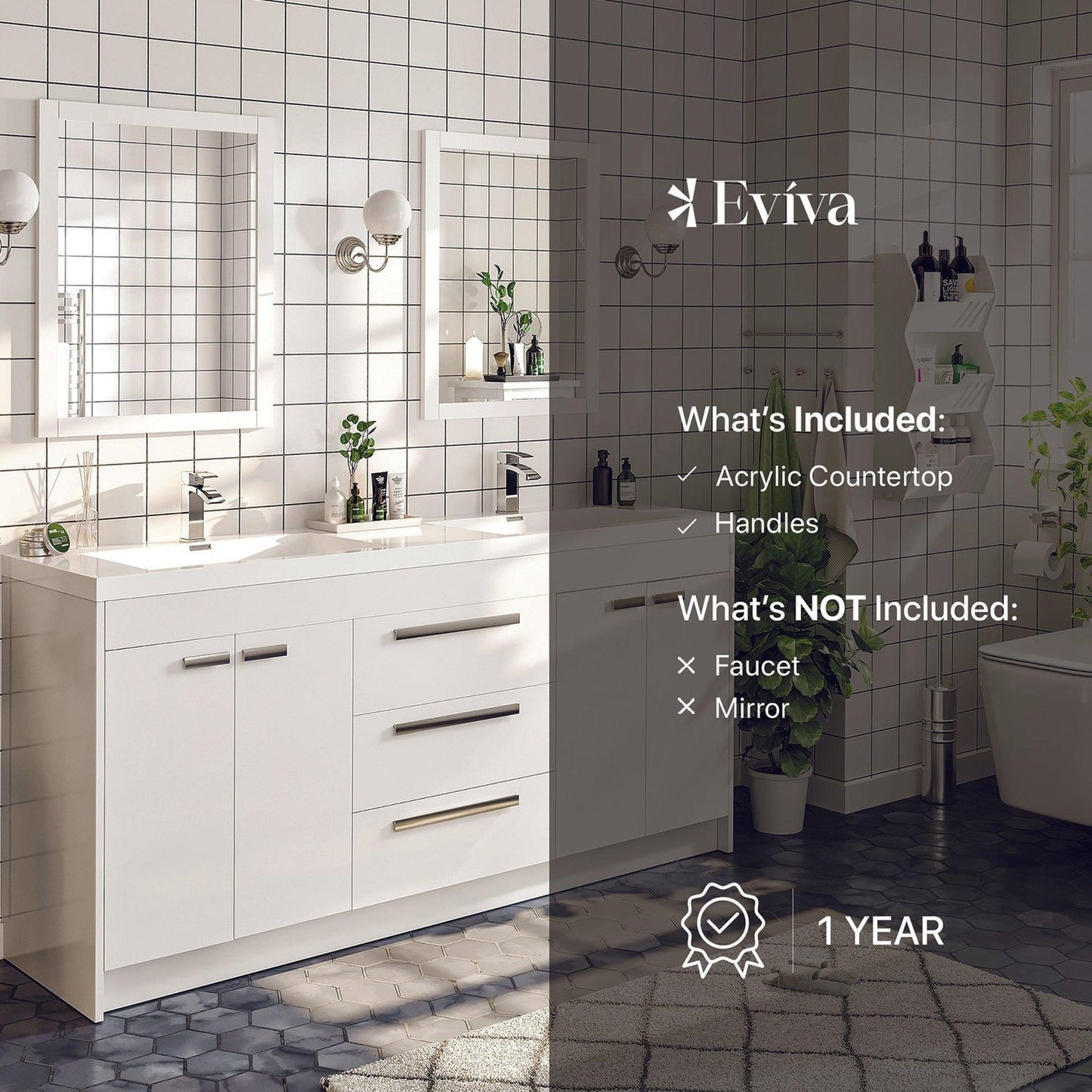 Eviva Lugano 72" x 36" White Bathroom Vanity With White Acrylic Top & Double Integrated Sink