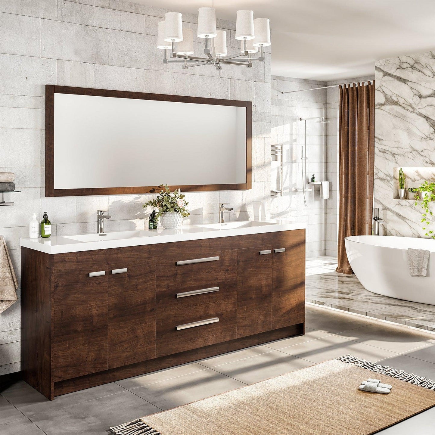 Eviva Lugano 84" x 36" Rosewood Bathroom Vanity With White Acrylic Top & Double Integrated Sink