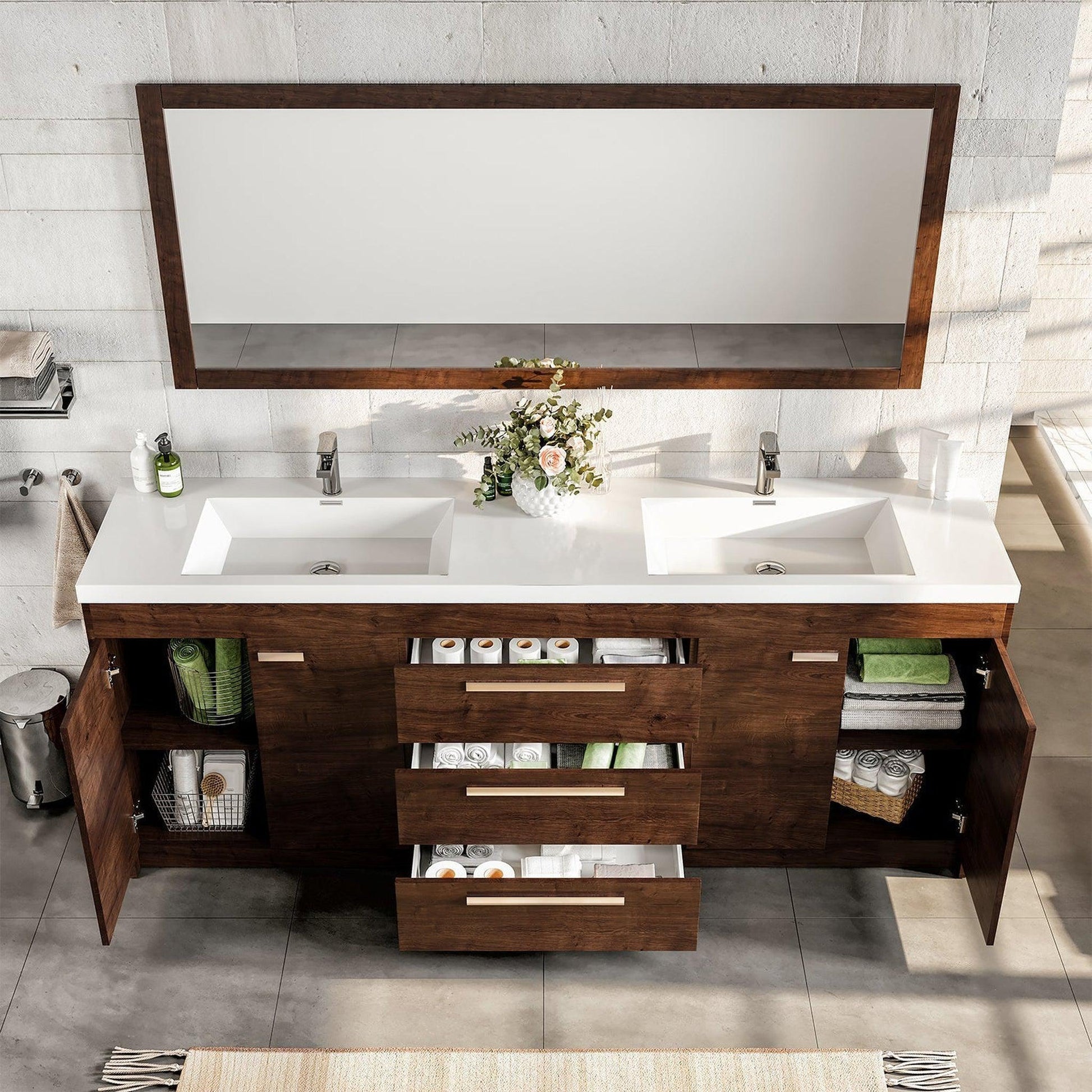 Eviva Lugano 84" x 36" Rosewood Bathroom Vanity With White Acrylic Top & Double Integrated Sink