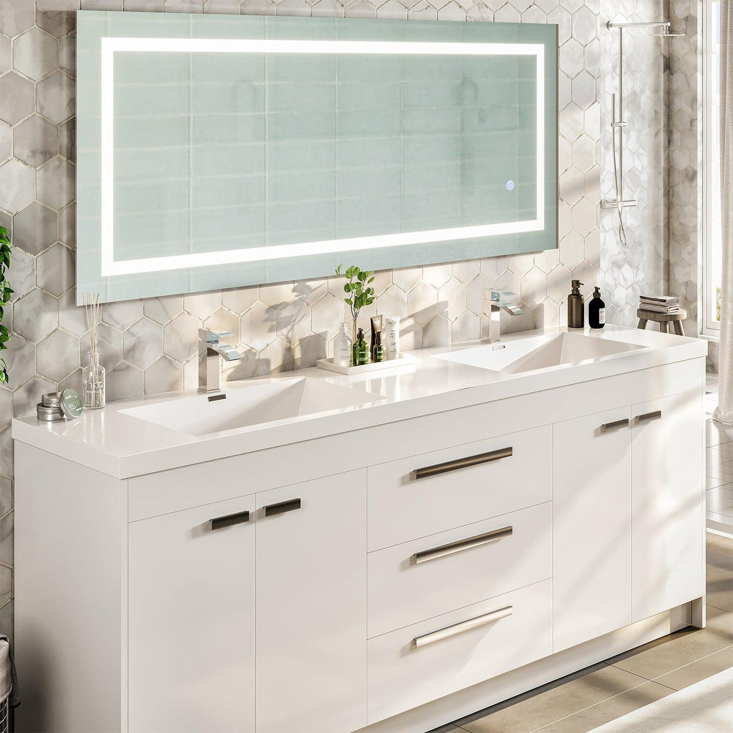 Eviva Lugano 84" x 36" White Bathroom Vanity With White Acrylic Top & Double Integrated Sink