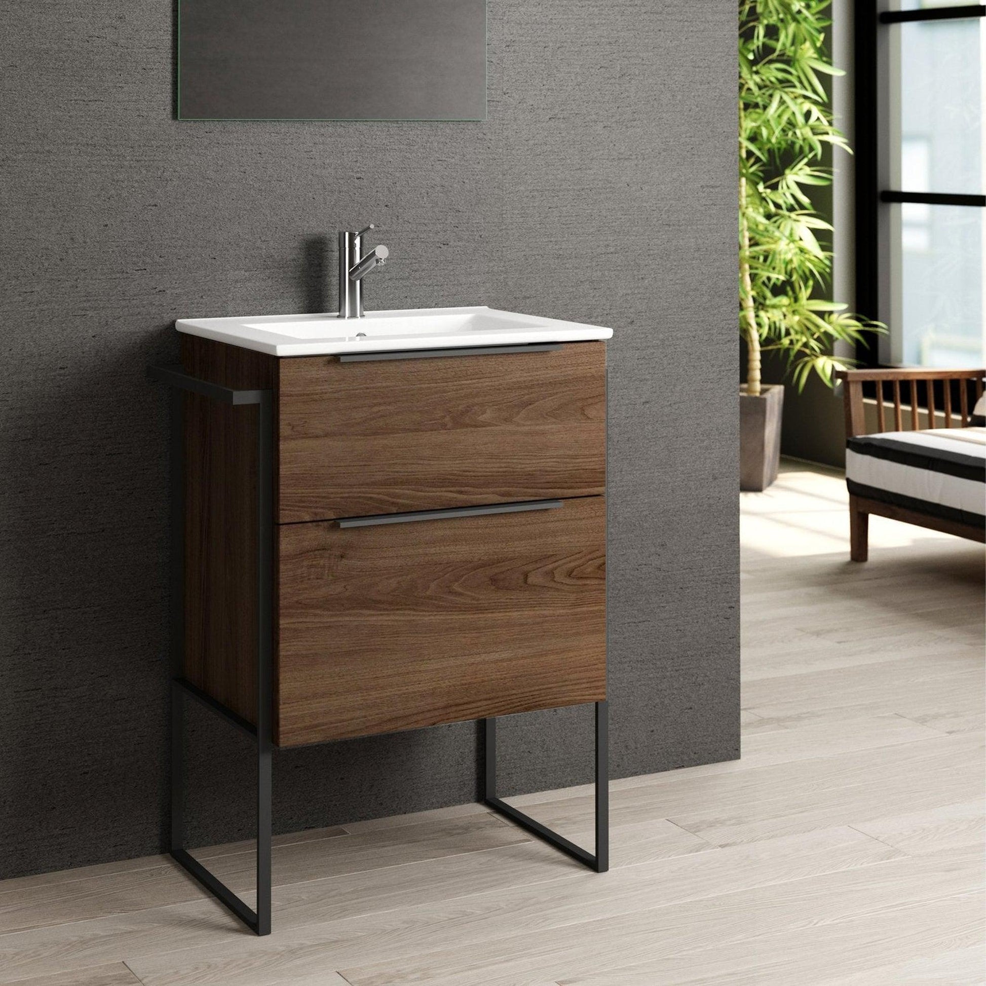 Eviva Marina 24” x 34” Dark Walnut Freestanding Bathroom Vanity With White Integrated Porcelain Sink