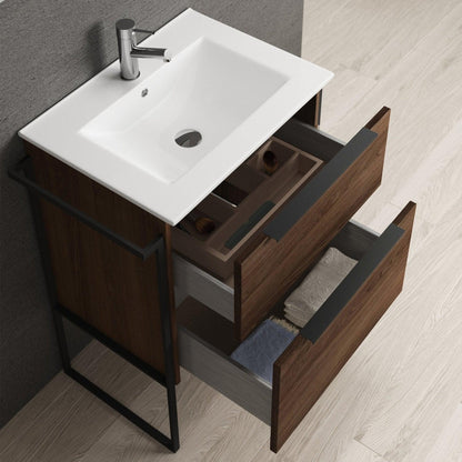 Eviva Marina 24” x 34” Dark Walnut Freestanding Bathroom Vanity With White Integrated Porcelain Sink
