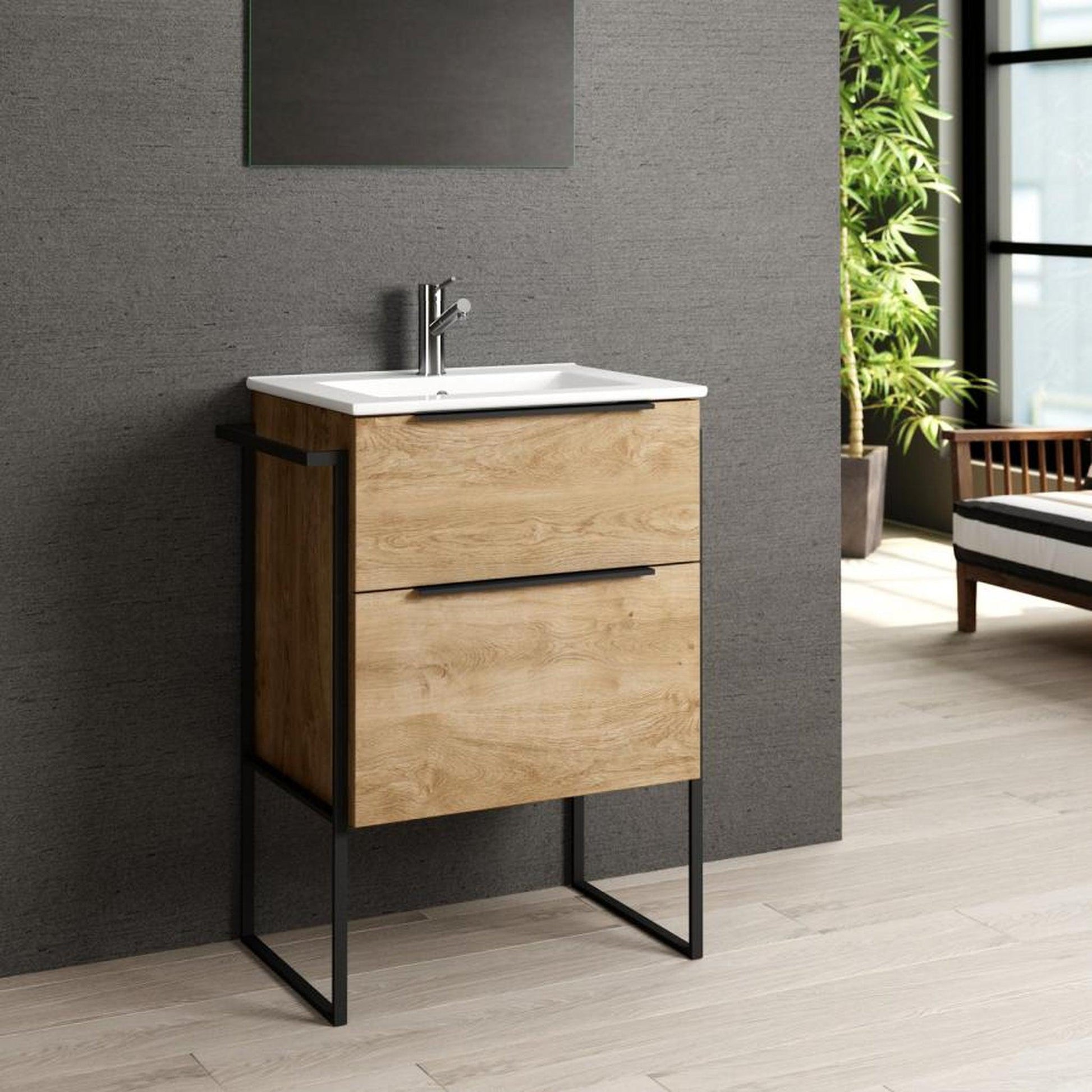 Eviva Marina 24” x 34” Medium Oak Freestanding Bathroom Vanity With White Integrated Porcelain Sink