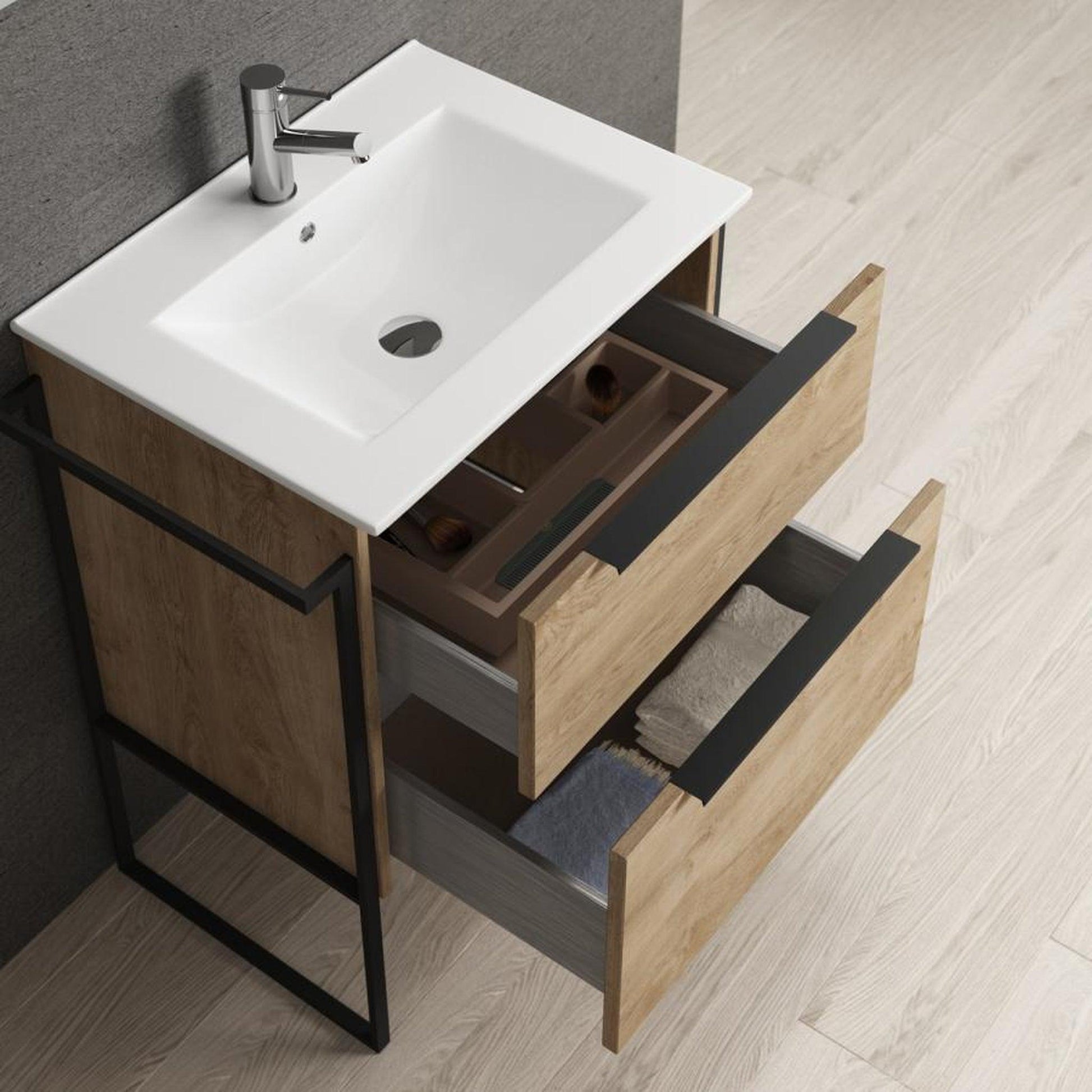 Eviva Marina 24” x 34” Medium Oak Freestanding Bathroom Vanity With White Integrated Porcelain Sink