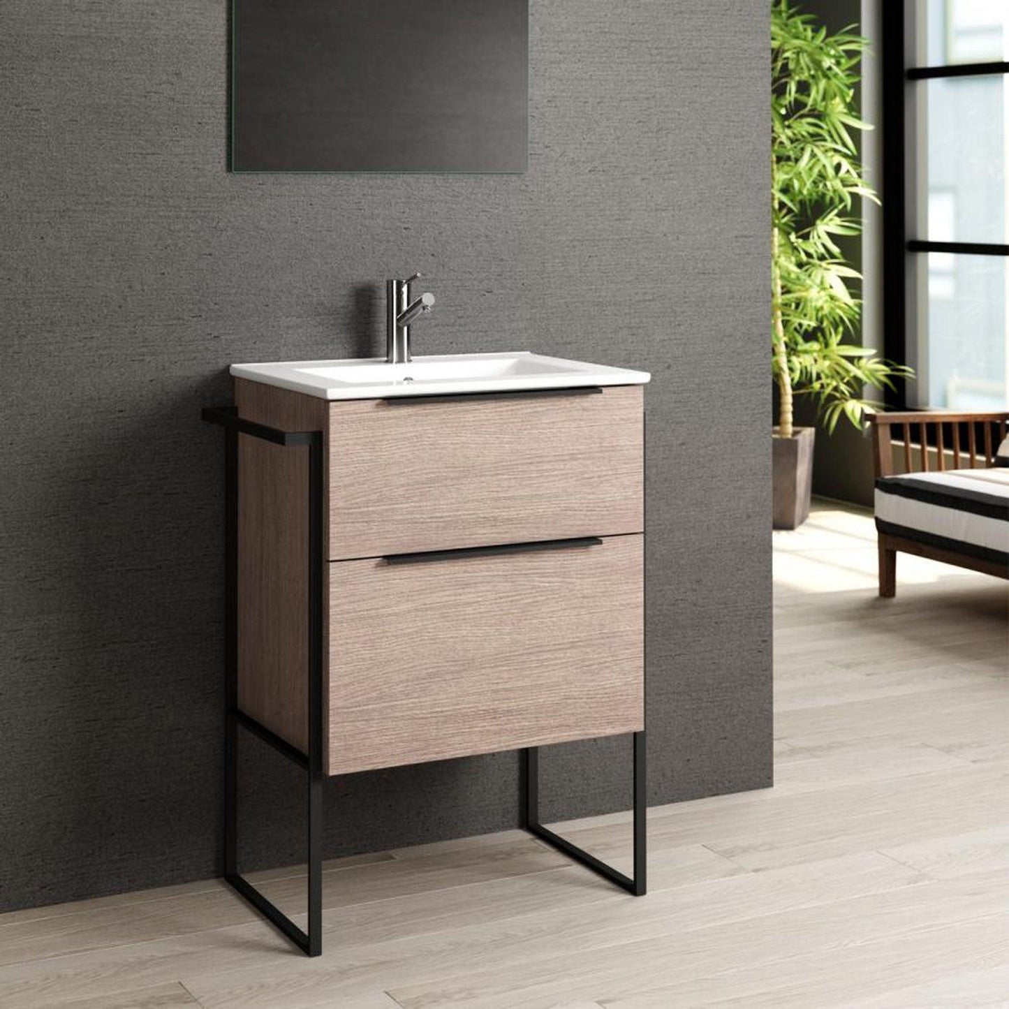 Eviva Marina 24” x 34” Natural Oak Freestanding Bathroom Vanity With White Integrated Porcelain Sink